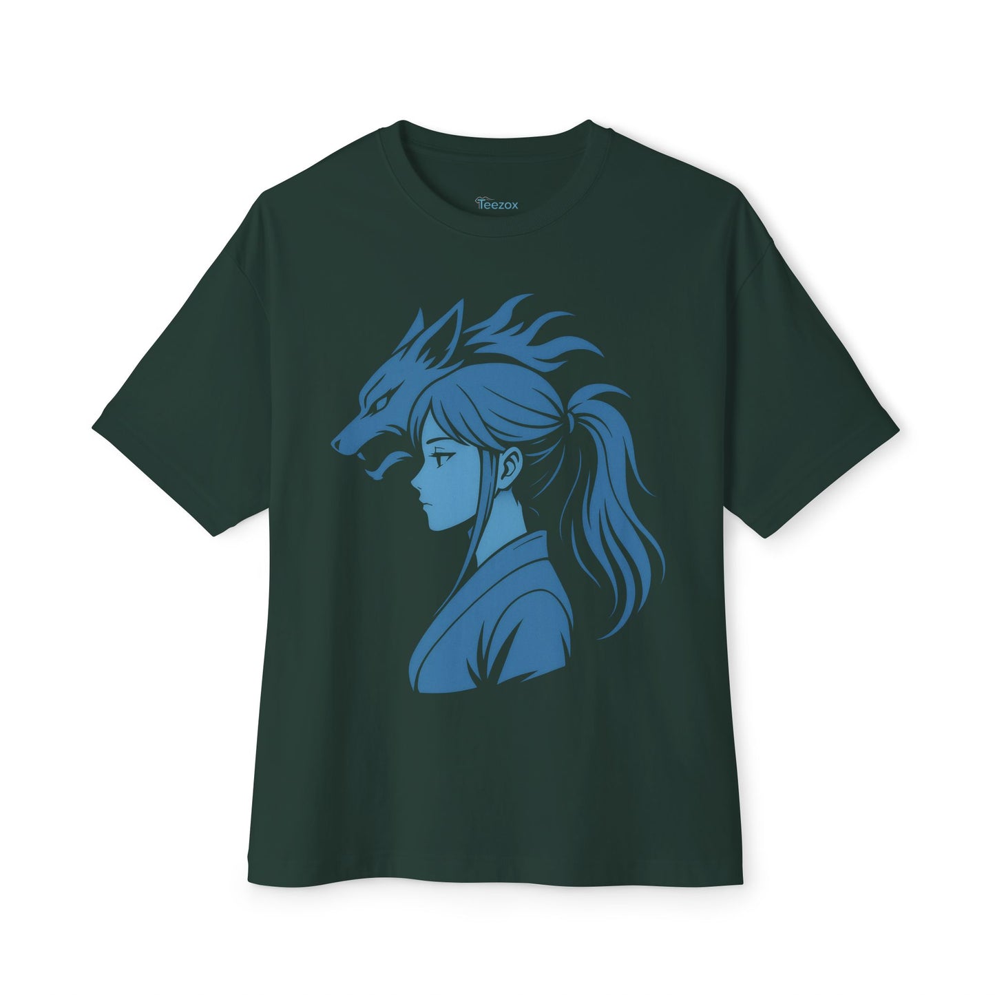 Inspired Anime Oversized T-Shirt – Blue Manga Girl & Wolf Spirit Design