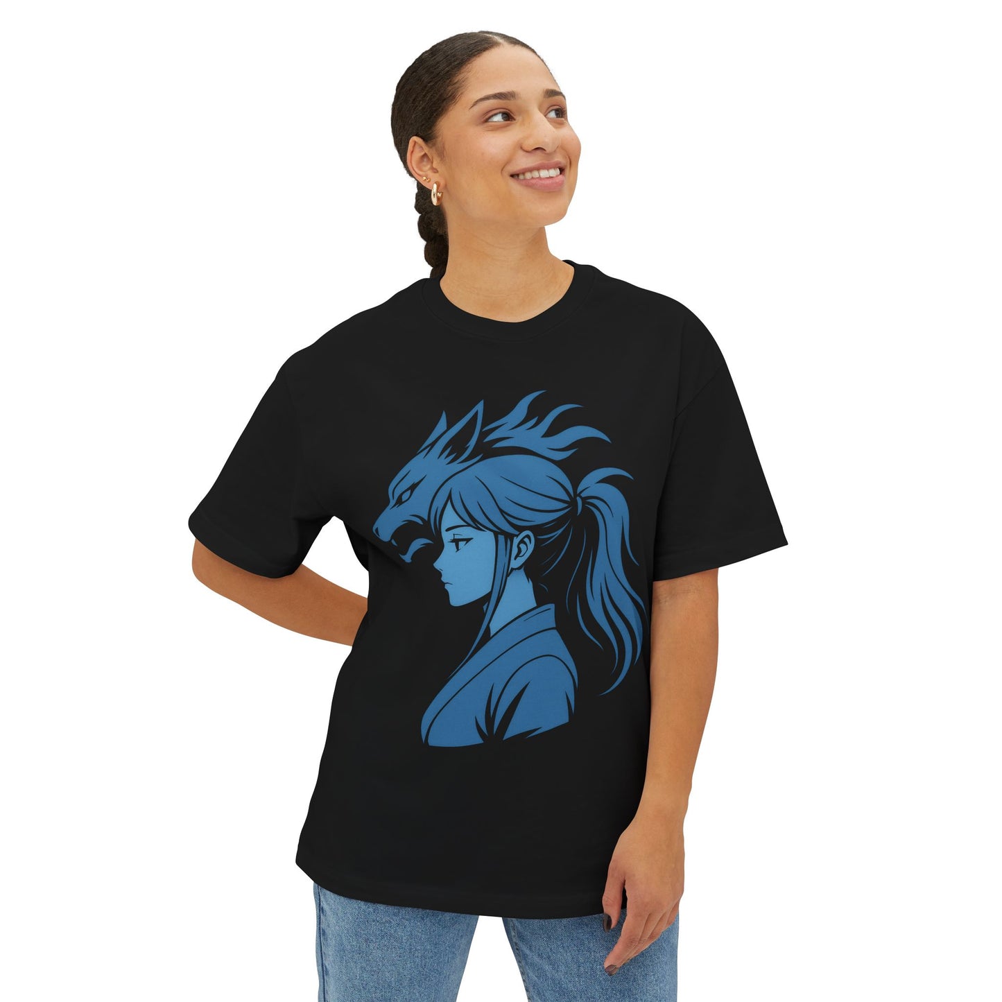 Inspired Anime Oversized T-Shirt – Blue Manga Girl & Wolf Spirit Design
