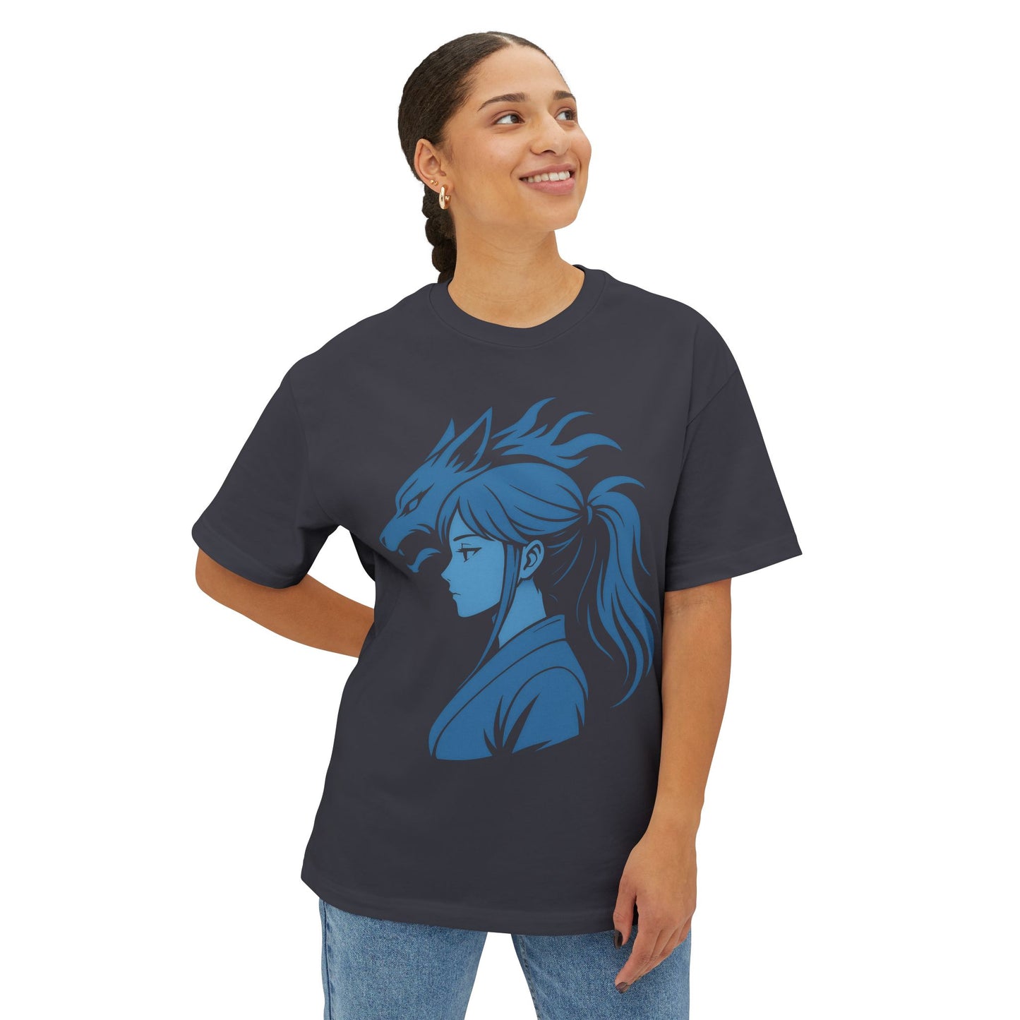 Inspired Anime Oversized T-Shirt – Blue Manga Girl & Wolf Spirit Design