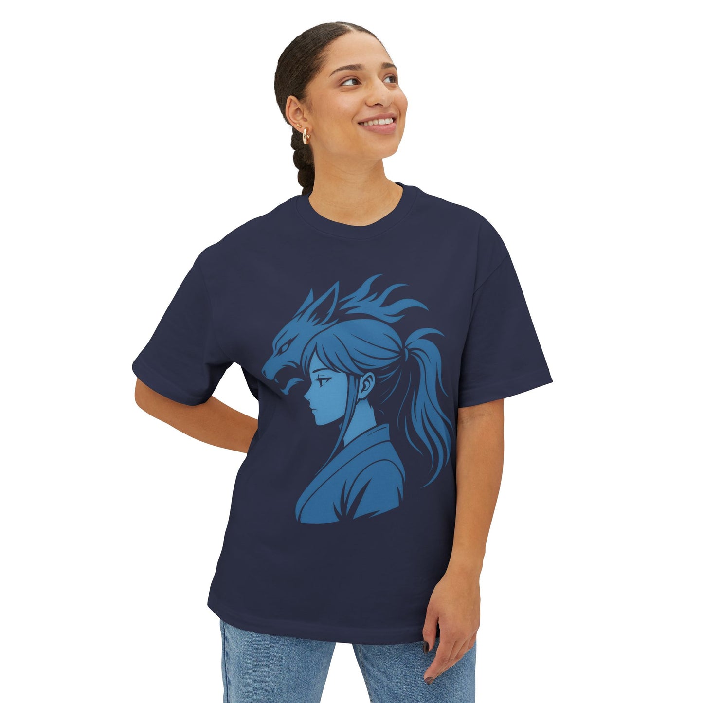 Inspired Anime Oversized T-Shirt – Blue Manga Girl & Wolf Spirit Design