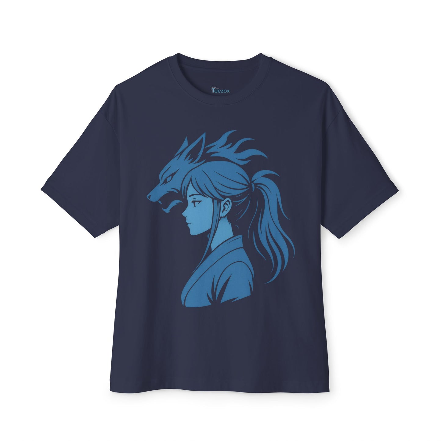 Inspired Anime Oversized T-Shirt – Blue Manga Girl & Wolf Spirit Design