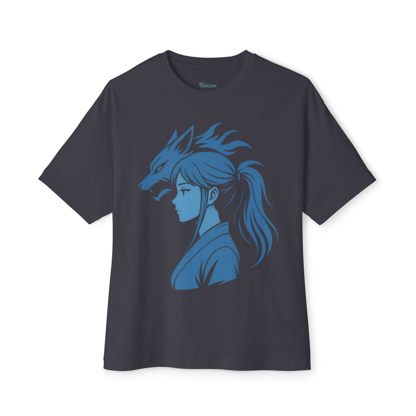 Inspired Anime Oversized T-Shirt – Blue Manga Girl & Wolf Spirit Design