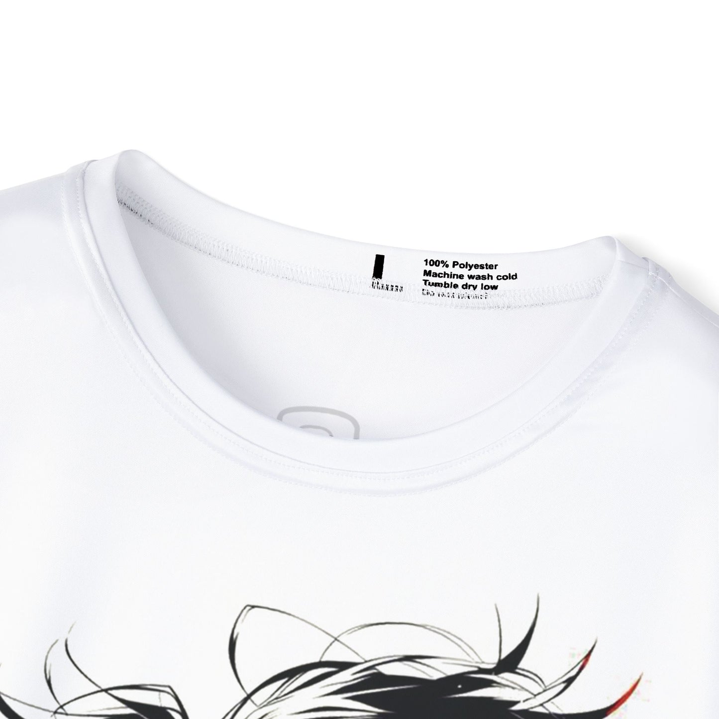 Close-up of a white polyester t-shirt showing the collar, care instructions, and a partial view of a black anime character's hair design.