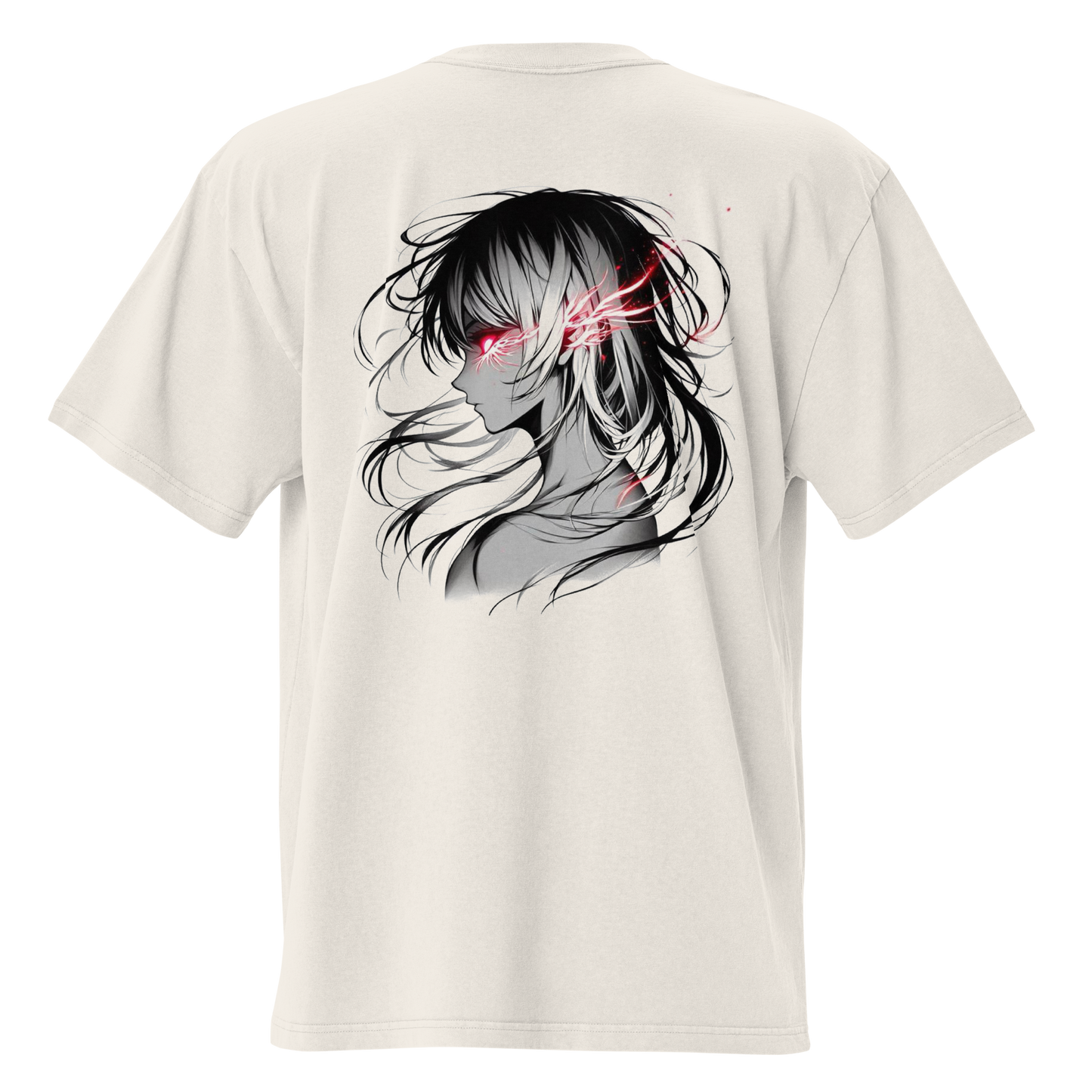 A faded bone oversized t-shirt with a manga design of a person with glowing red eyes and black hair – back view, Teezox brand.