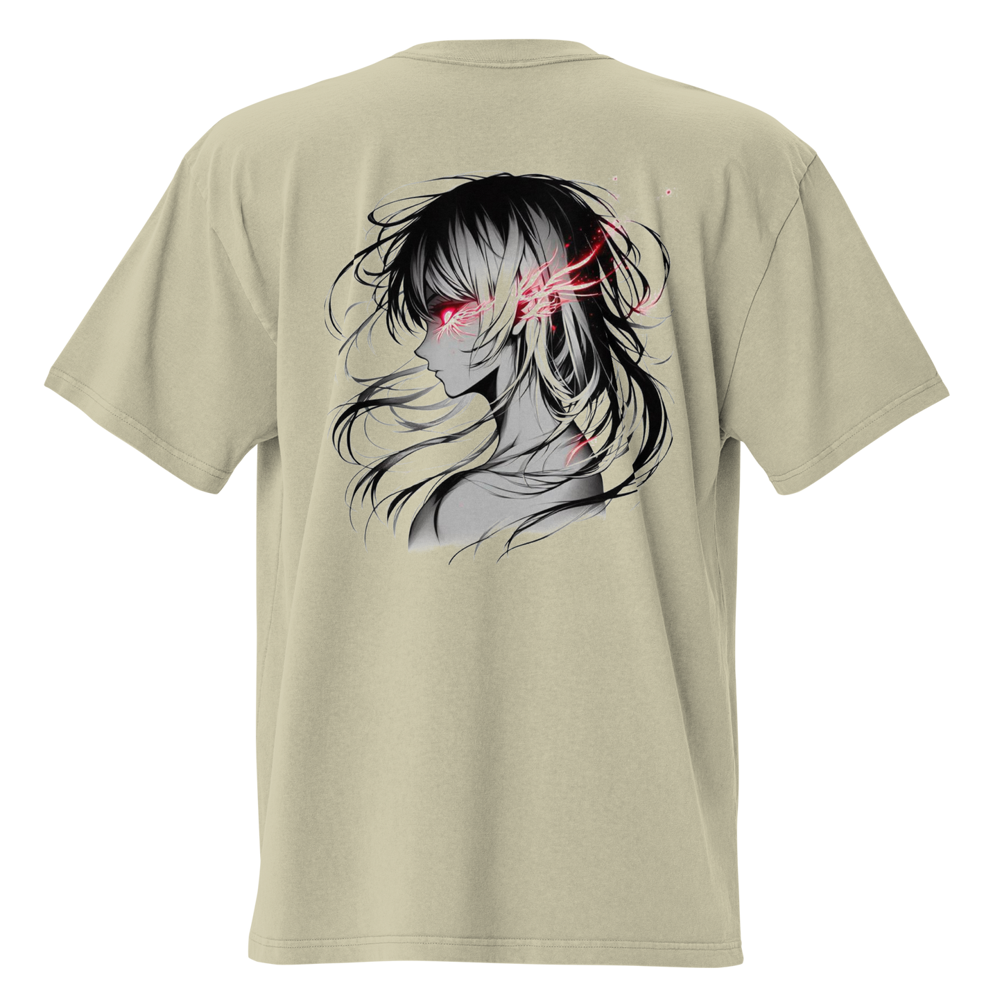 A faded eucalyptus oversized t-shirt with a manga design of a person with glowing red eyes and black hair – back view, Teezox brand.