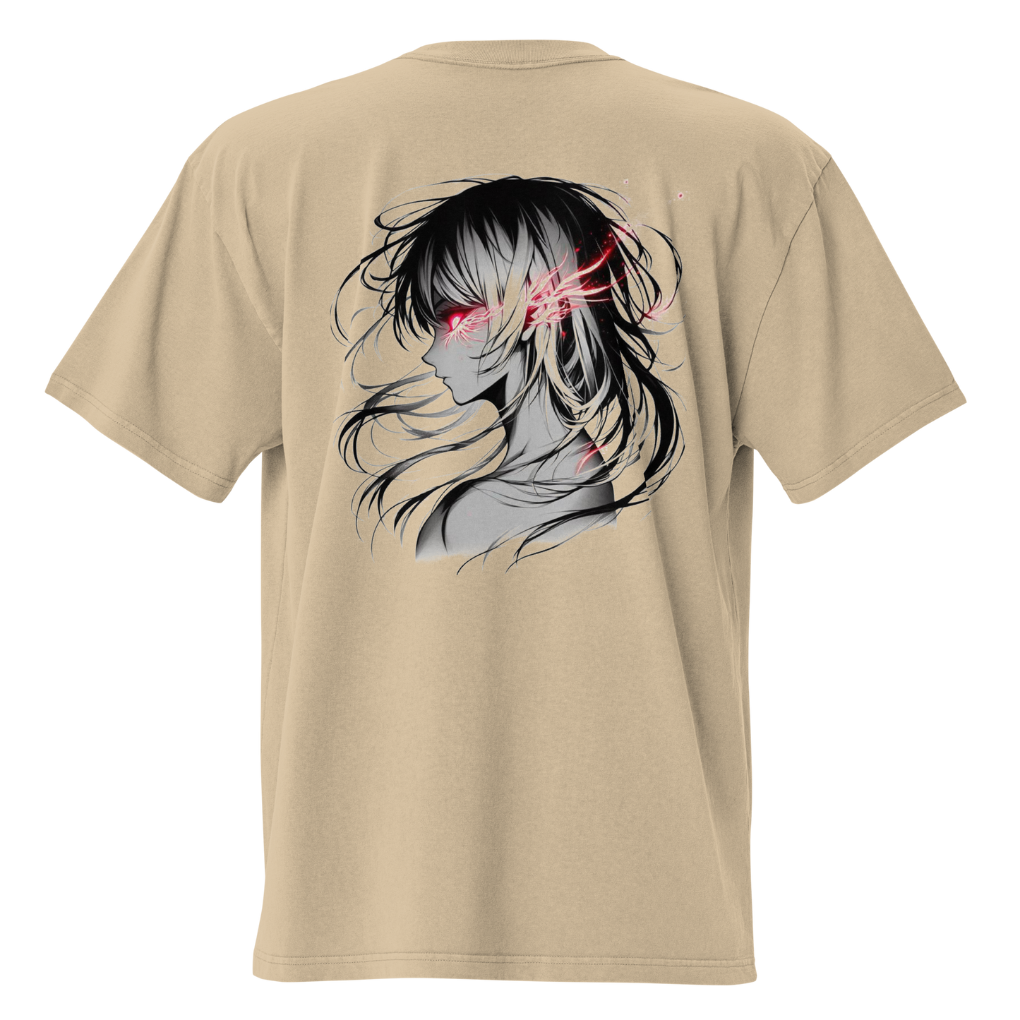 A faded khaki oversized t-shirt with a manga design of a person with glowing red eyes and black hair – back view, Teezox brand.