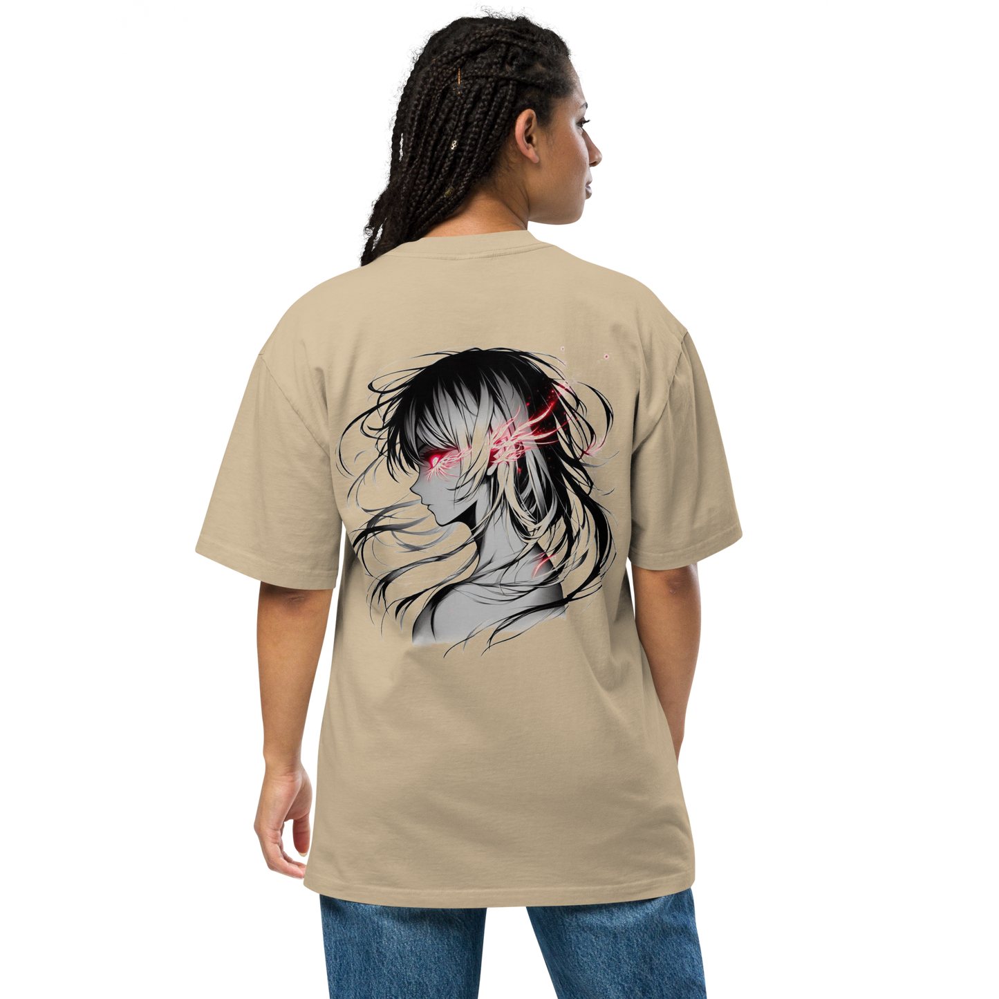 Mockup of a woman wearing a faded khaki oversized t-shirt with a manga design of a person with glowing red eyes and black hair – back view, Teezox brand.