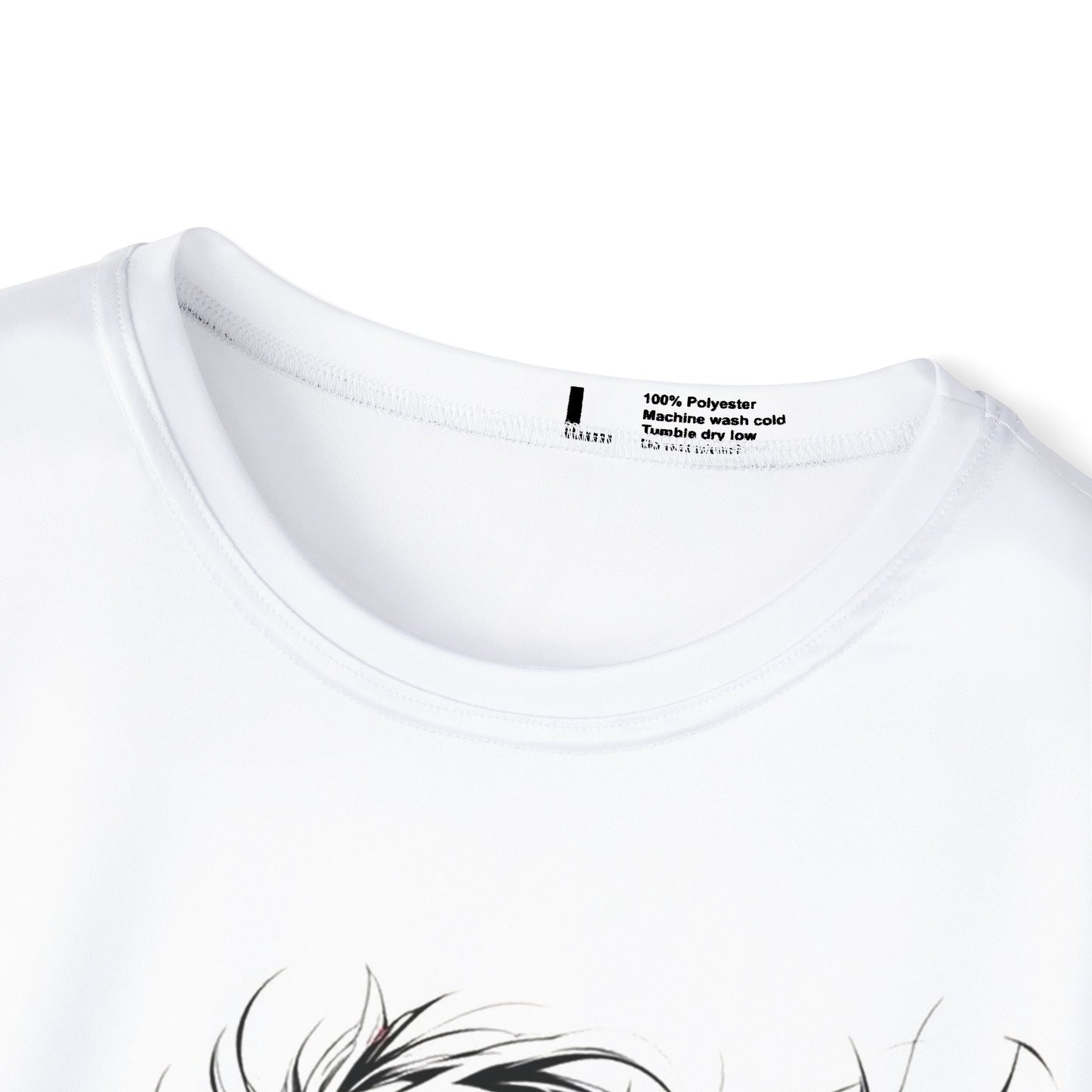 Close-up of a white polyester t-shirt showing the collar, care instructions, and a partial view of a black anime character's hair design.