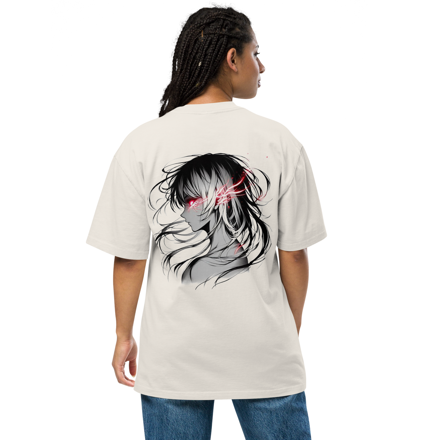 Back view of an oversized faded bone-colored t-shirt with a monochrome anime girl and red eyes design.