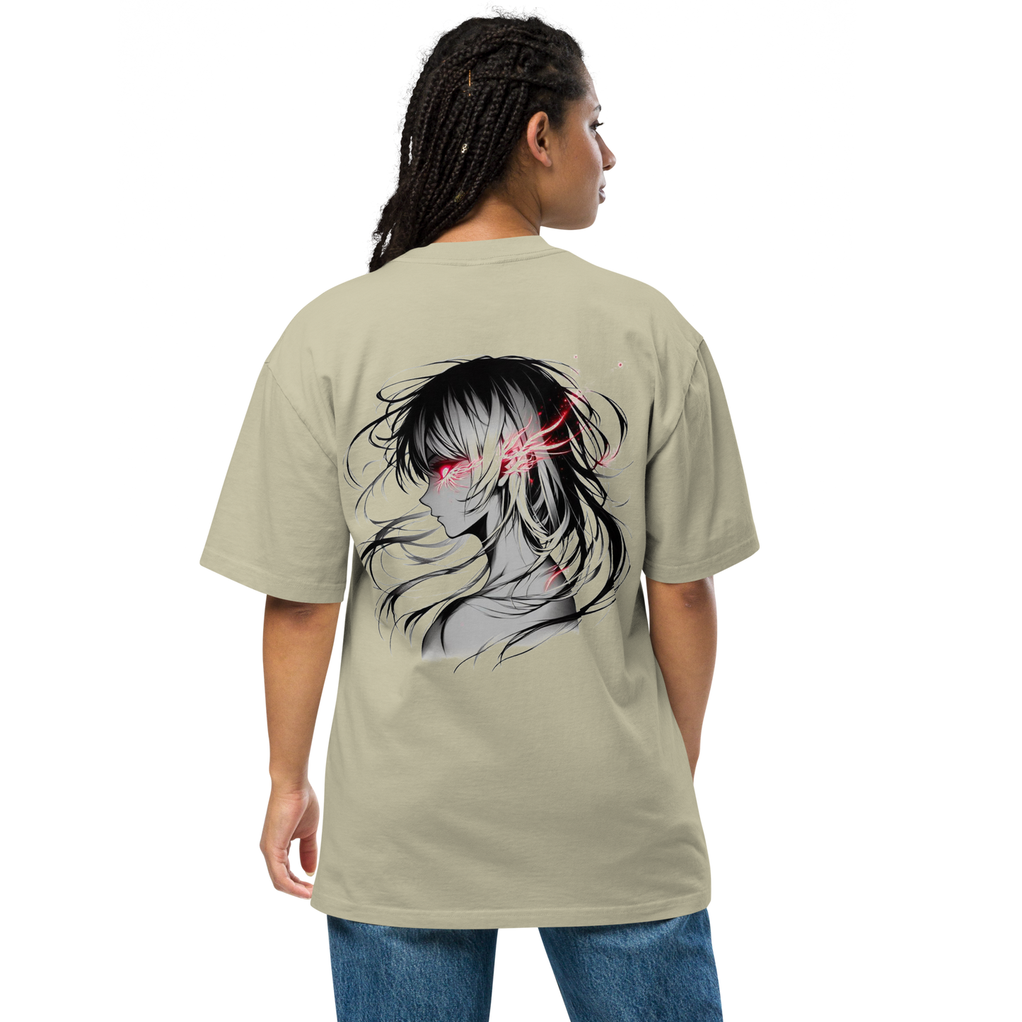 Back view of a person wearing a beige oversized t-shirt with a black and white anime girl and glowing red eyes design.