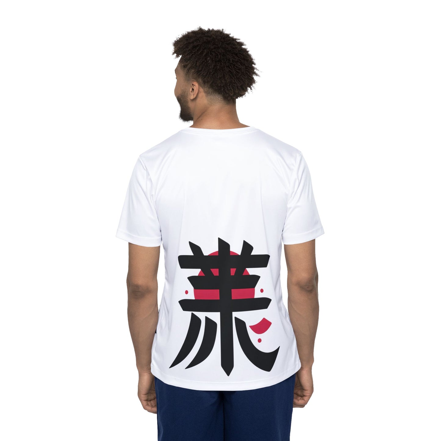 Mockup of a man wearing a white t-shirt with a large black Japanese Kanji character and red sun design on the back – back view, Teezox brand.