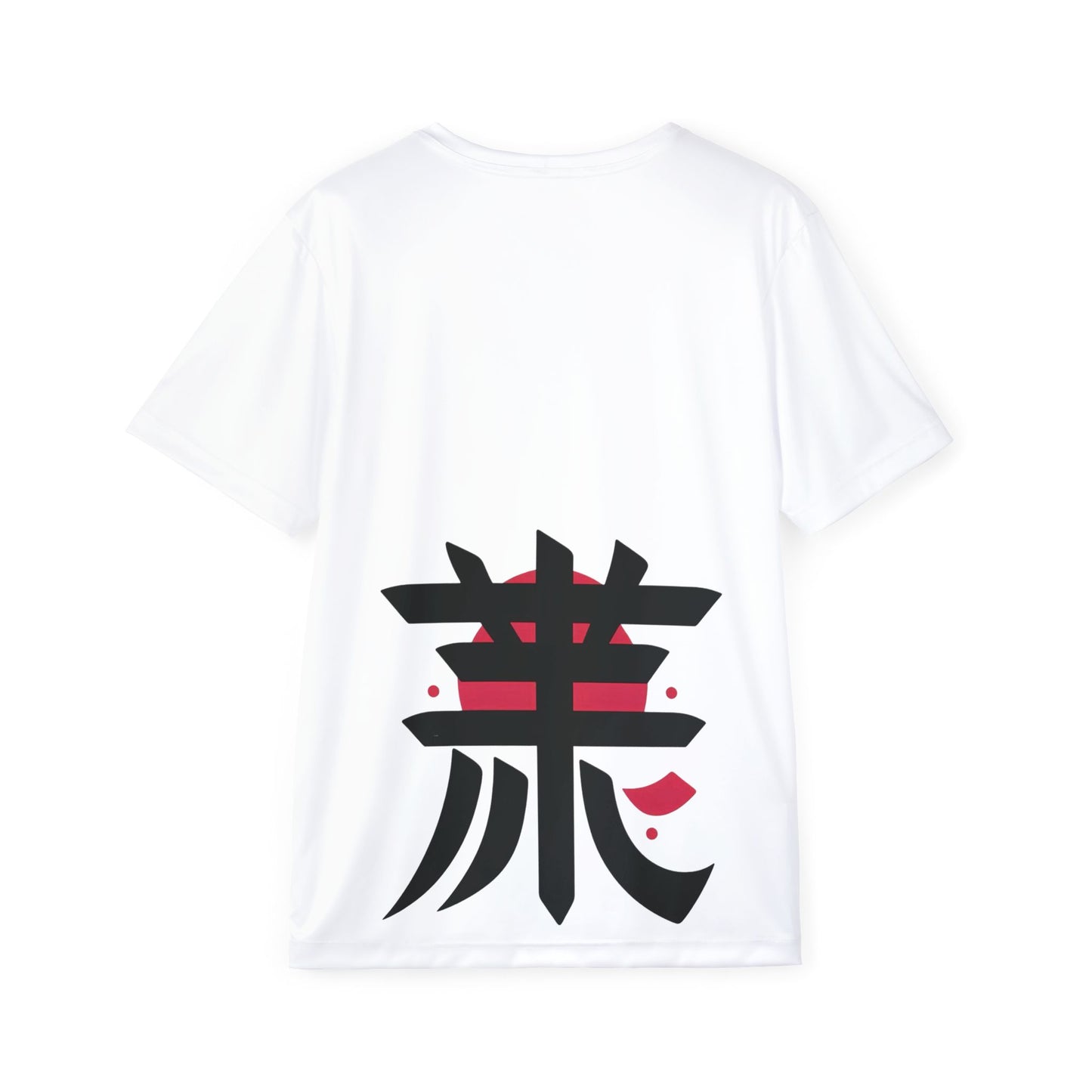 A flat-lay image of a white t-shirt with a large black Japanese Kanji character and red sun design on the back – back view, Teezox brand.