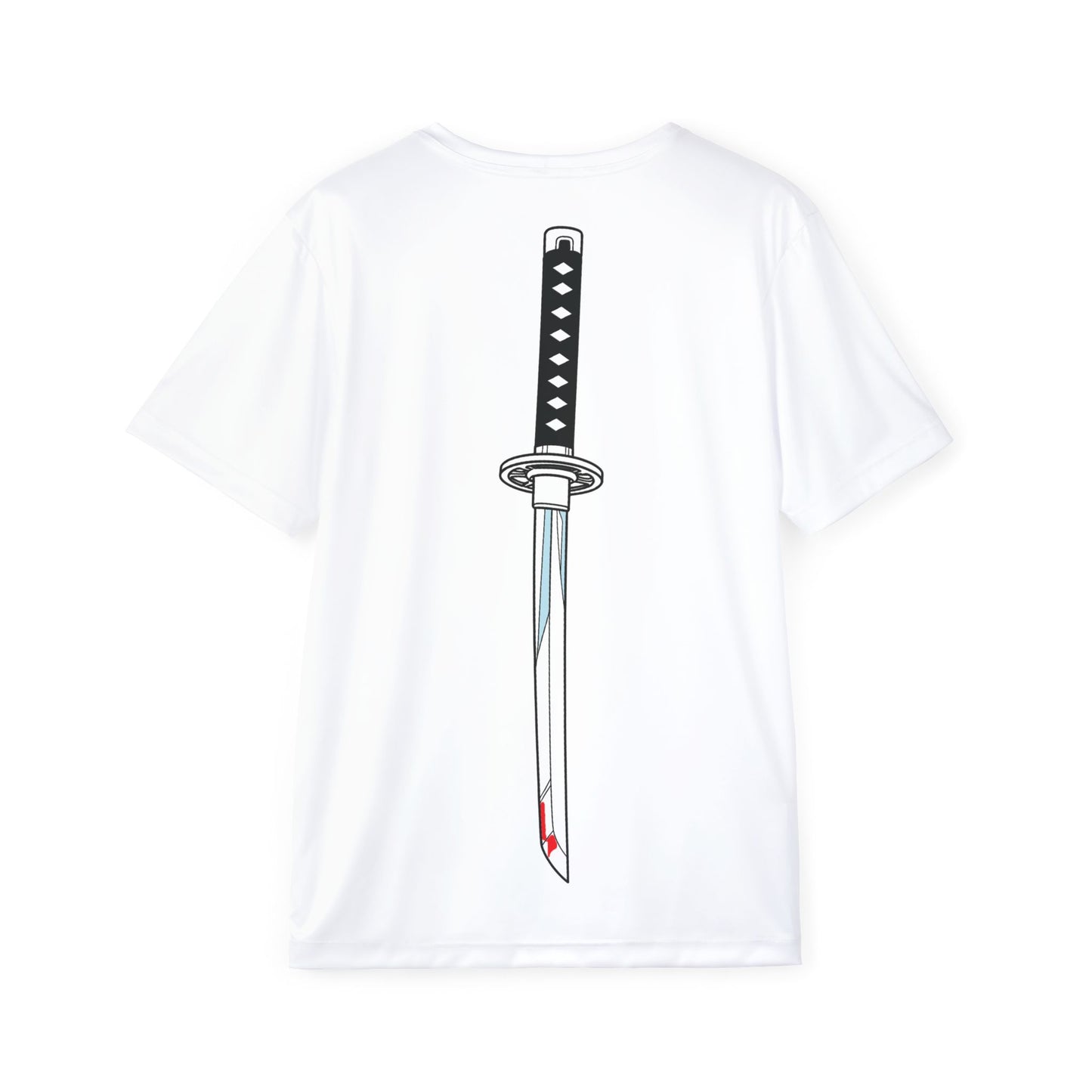 A flat-lay image of a white t-shirt with a centered black and white katana sword design on the back – back view, Teezox brand.