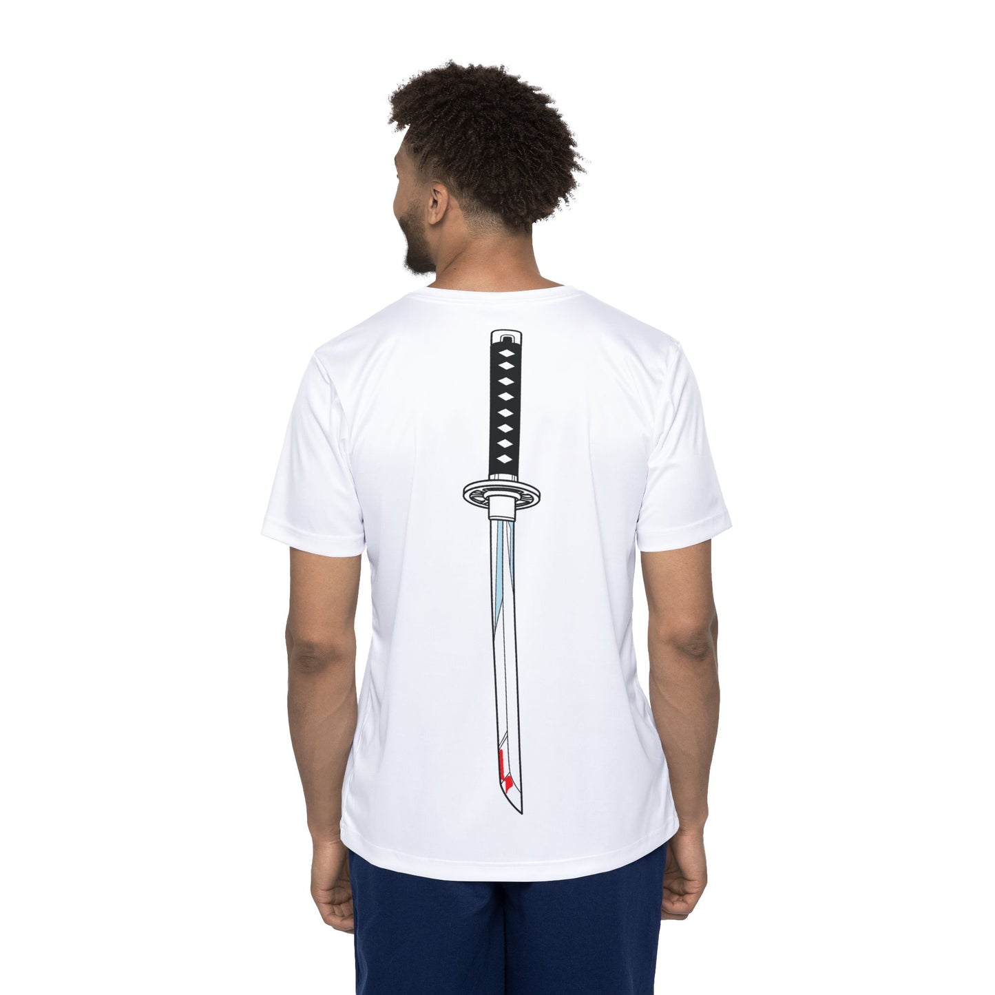 Mockup of a man wearing a white t-shirt with a thin, vertical black and white katana sword design on the back – back view, Teezox brand.