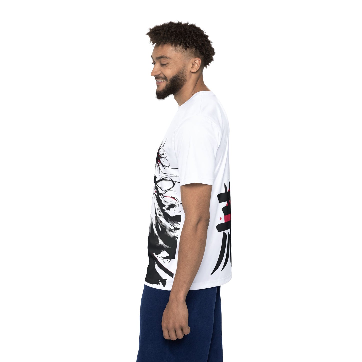 Mockup of a man wearing a white samurai anime t-shirt with black, white, and red design – side view, Teezox brand.