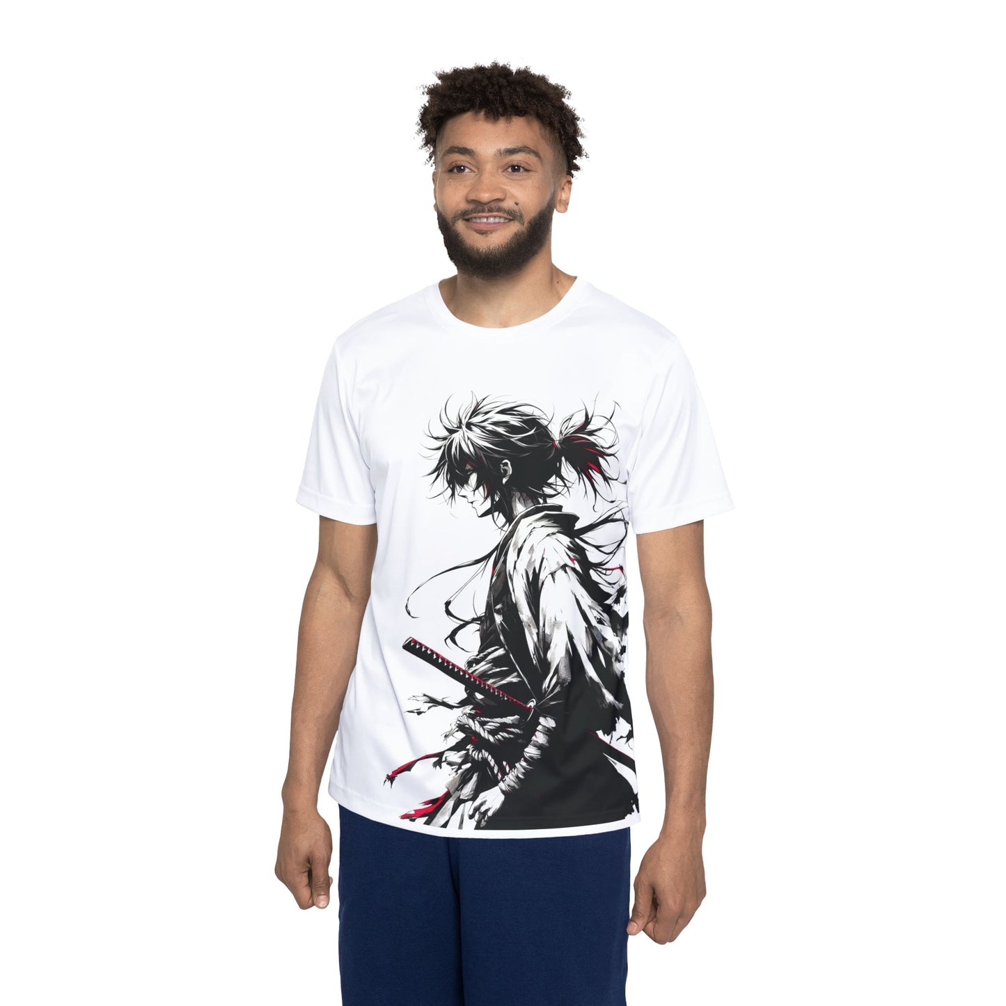 Mockup of a man wearing a white samurai anime t-shirt with black, white, and red design – front view, Teezox brand.