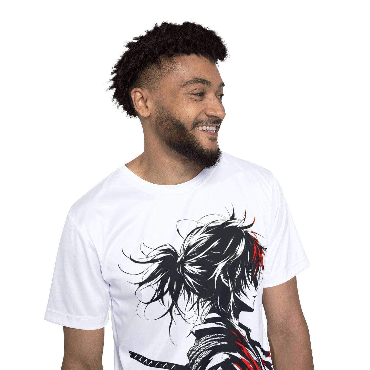 Mockup of a man wearing a white samurai anime t-shirt with black, white, and red design.