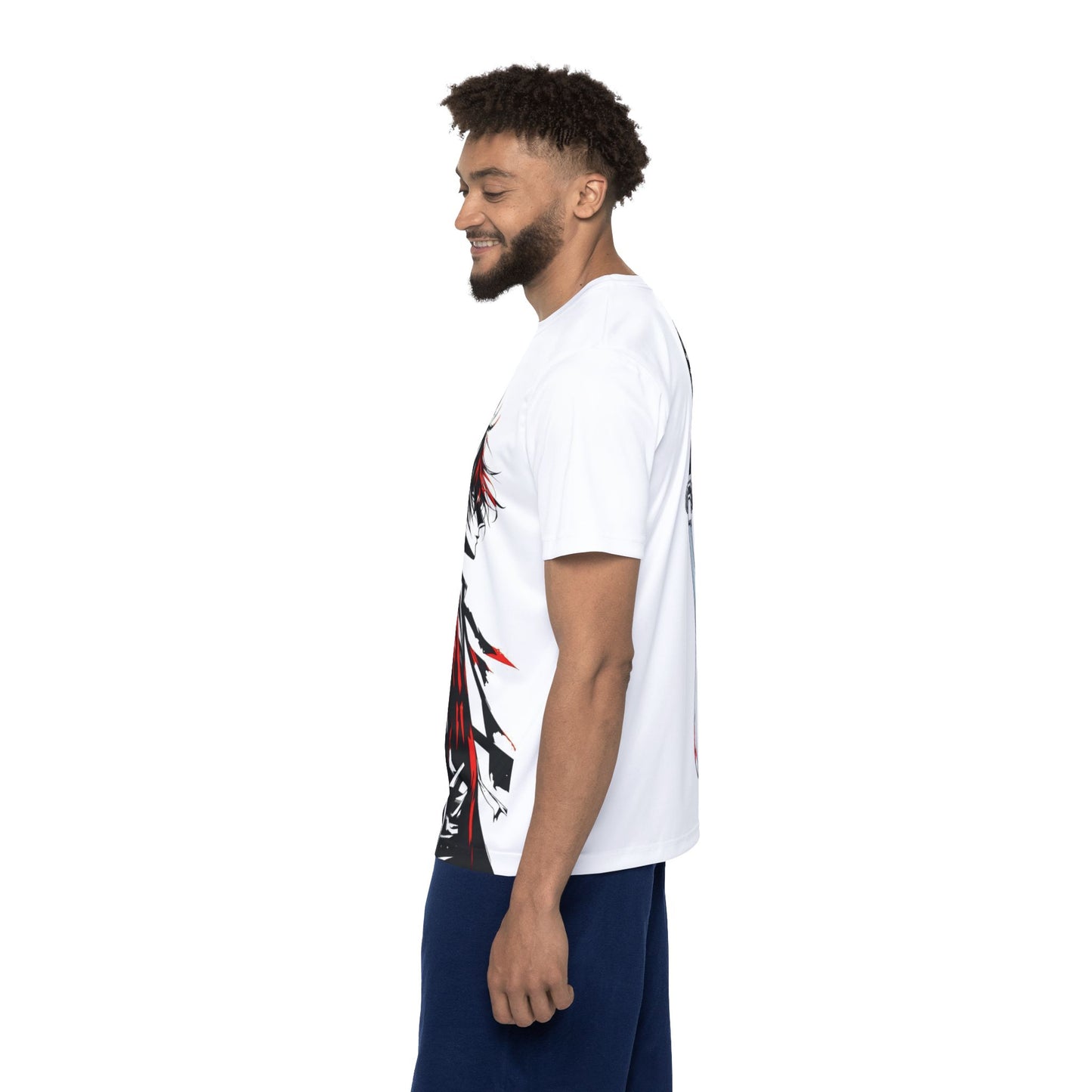 Mockup of a man wearing a white samurai anime t-shirt with black, white, and red design – side view, Teezox brand.