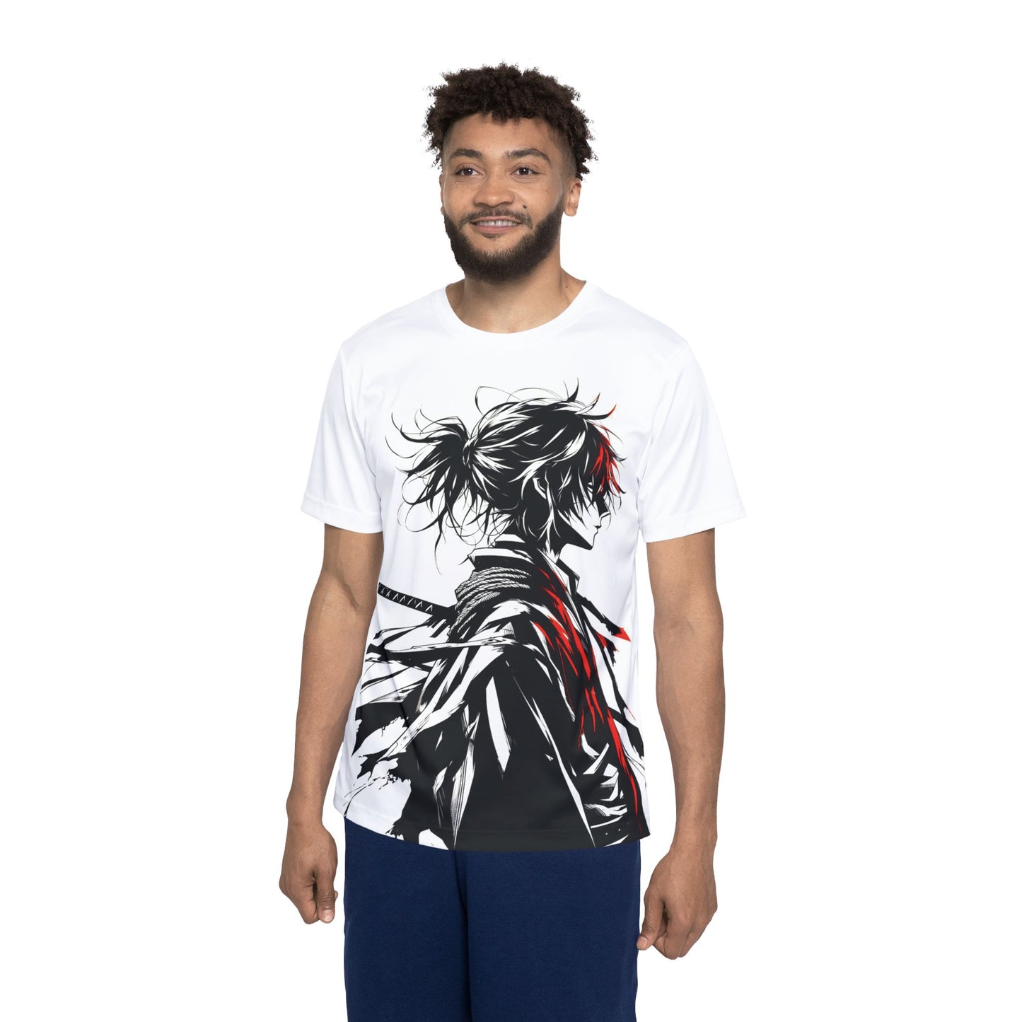 Mockup of a man wearing a white samurai anime t-shirt with black, white, and red design on the front – front view, Teezox brand.
