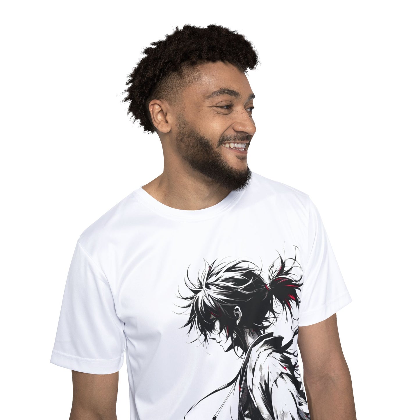 Mockup of a man wearing a white samurai anime t-shirt with black, white, and red design.