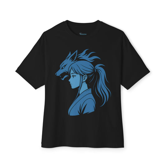 Inspired Anime Oversized T-Shirt – Blue Manga Girl & Wolf Spirit Design