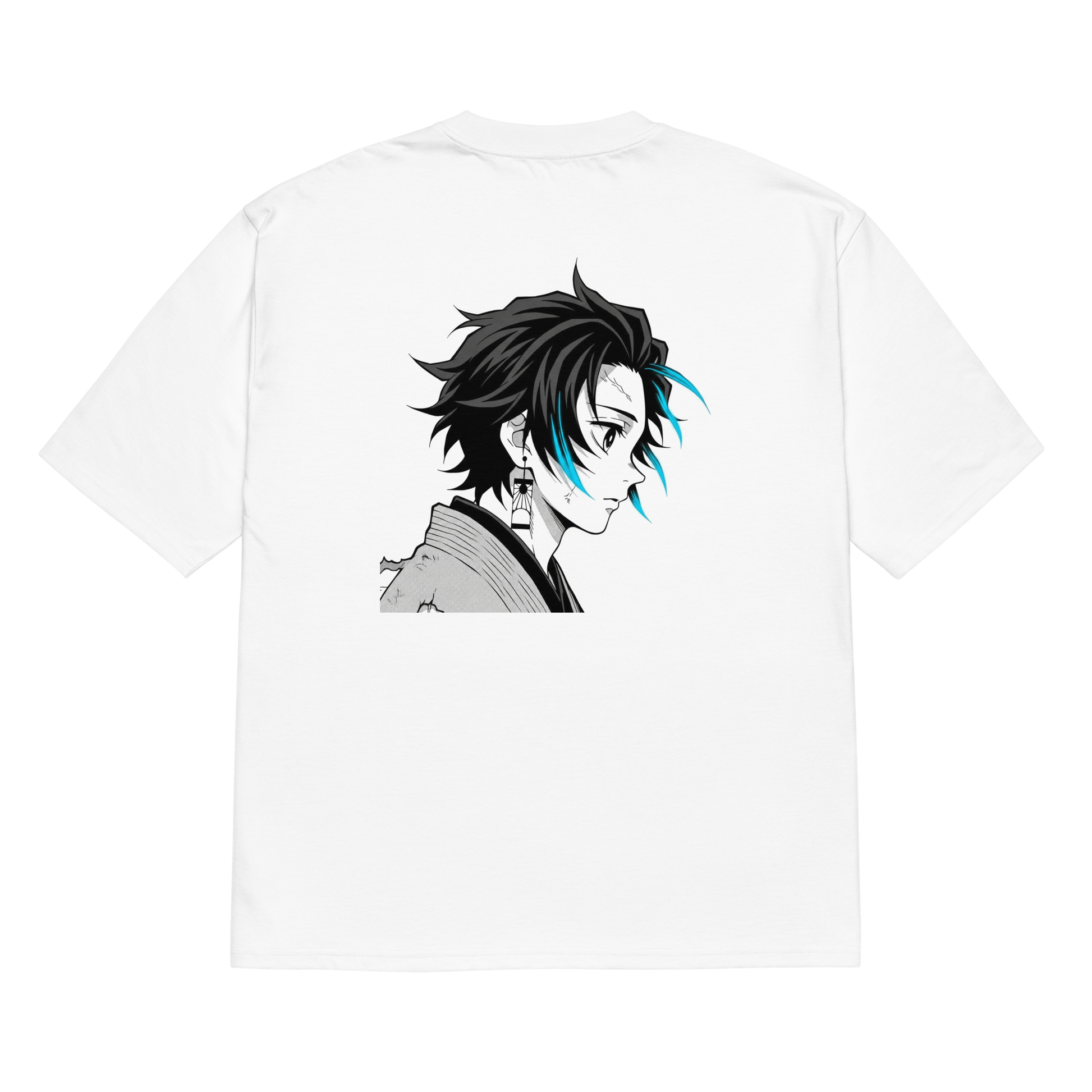 White anime-style t-shirt, black and white manga character with blue accents – back view, Teezox brand.