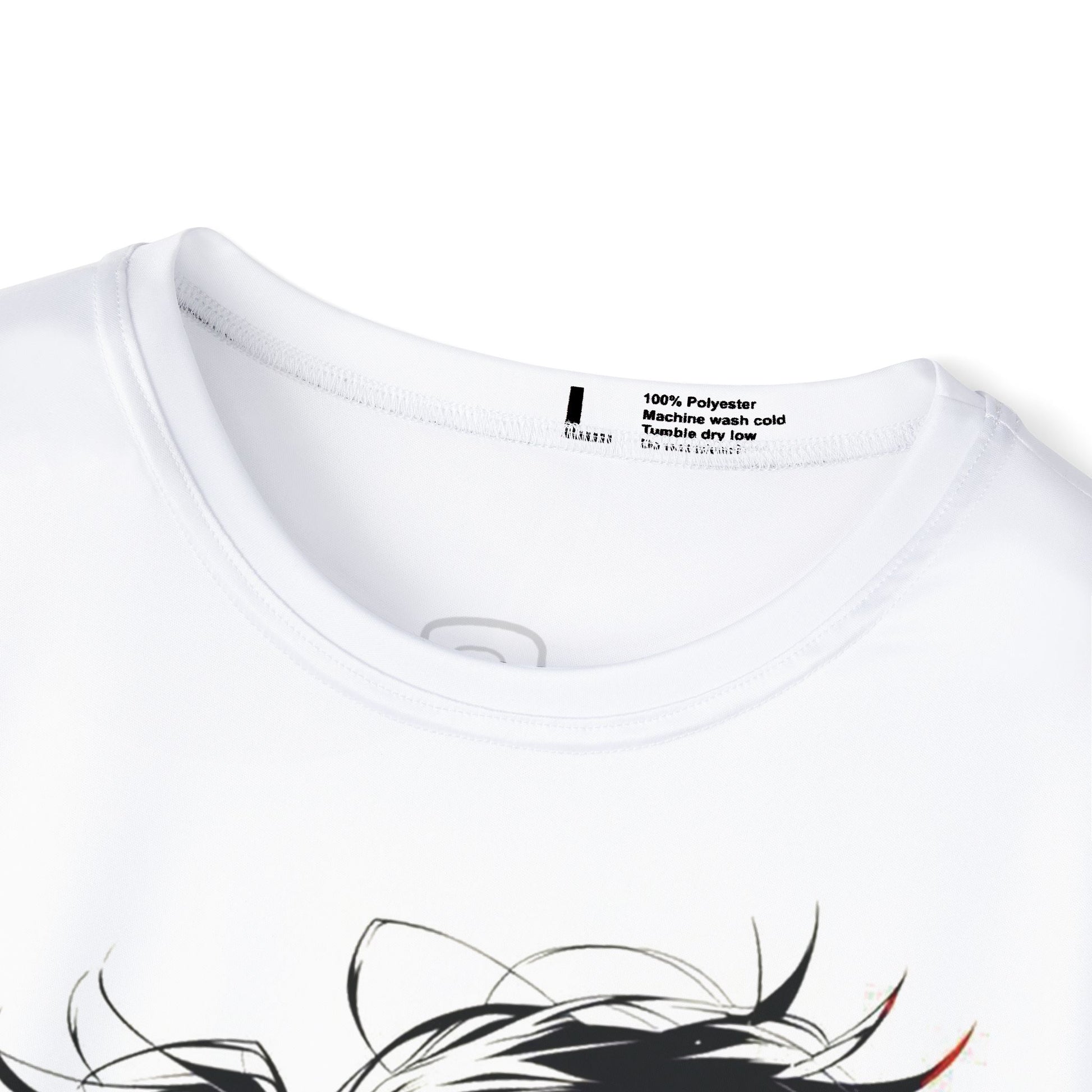 Close-up of a white polyester t-shirt showing the collar, care instructions, and a partial view of a black anime character's hair design.