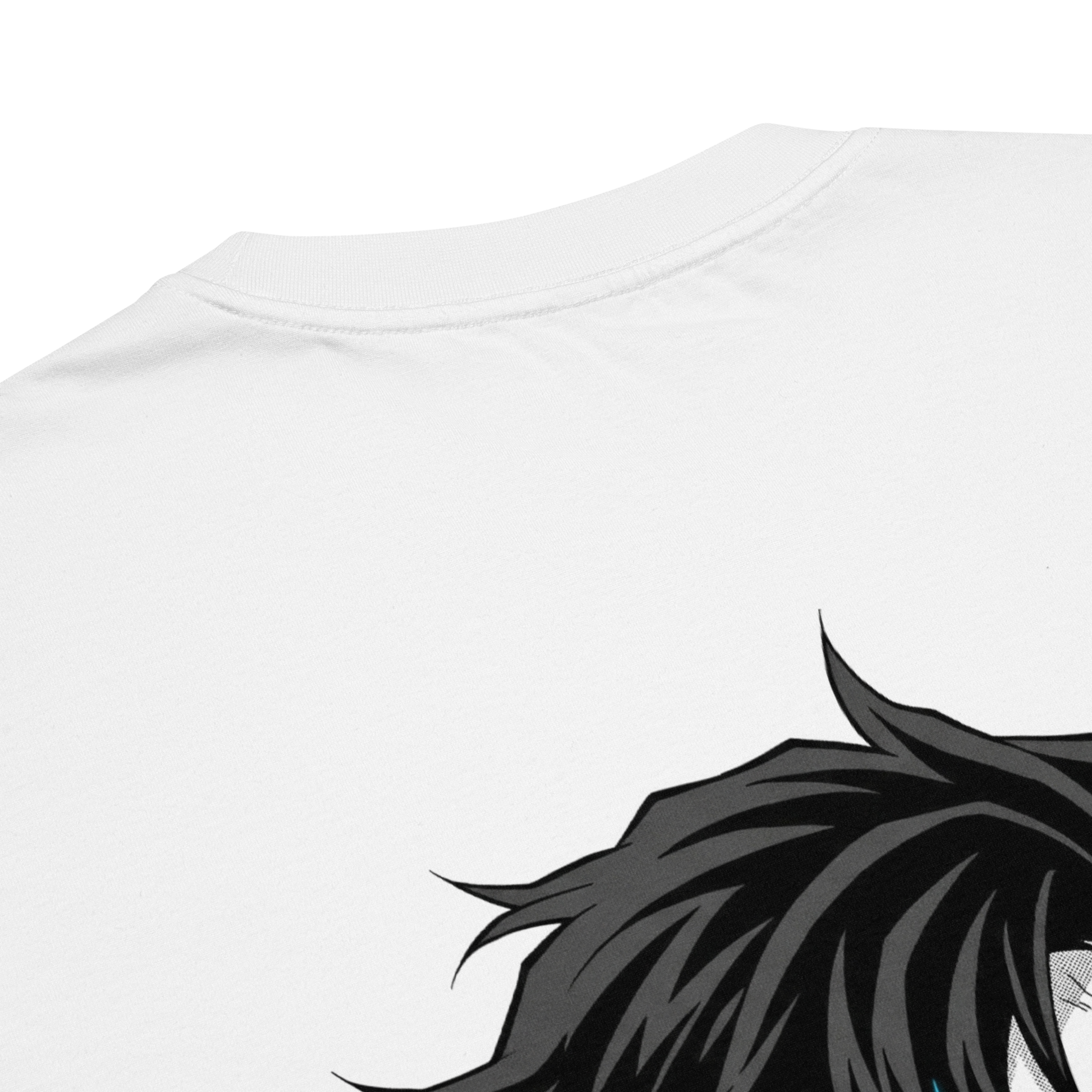 Close-up of a white t-shirt showing the collar and the top part of a black anime manga character's hair.