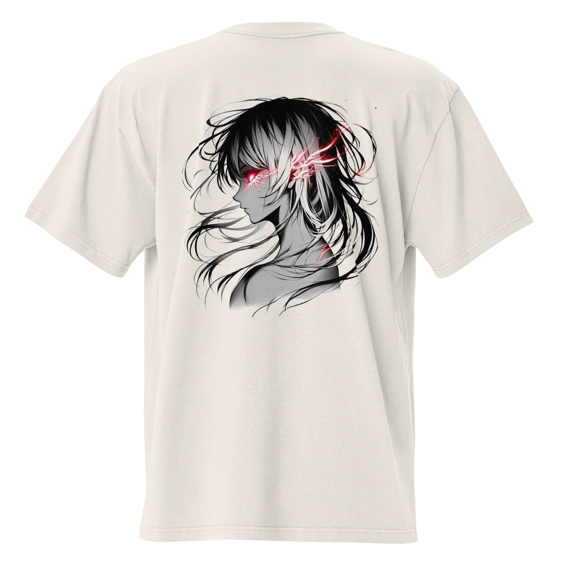 A faded bone oversized t-shirt with a manga design of a person with glowing red eyes and black hair – back view, Teezox brand.