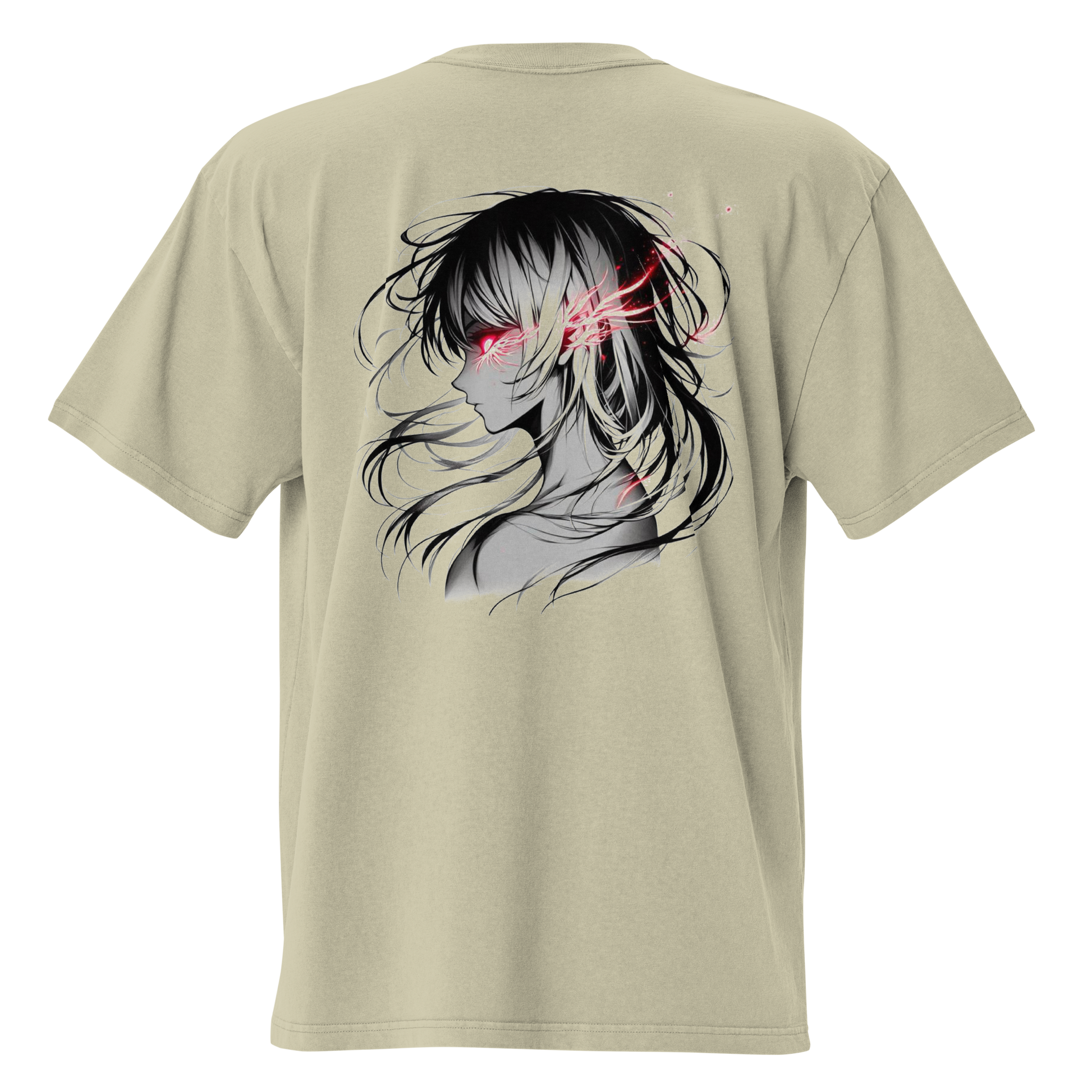 A faded eucalyptus oversized t-shirt with a manga design of a person with glowing red eyes and black hair – back view, Teezox brand.