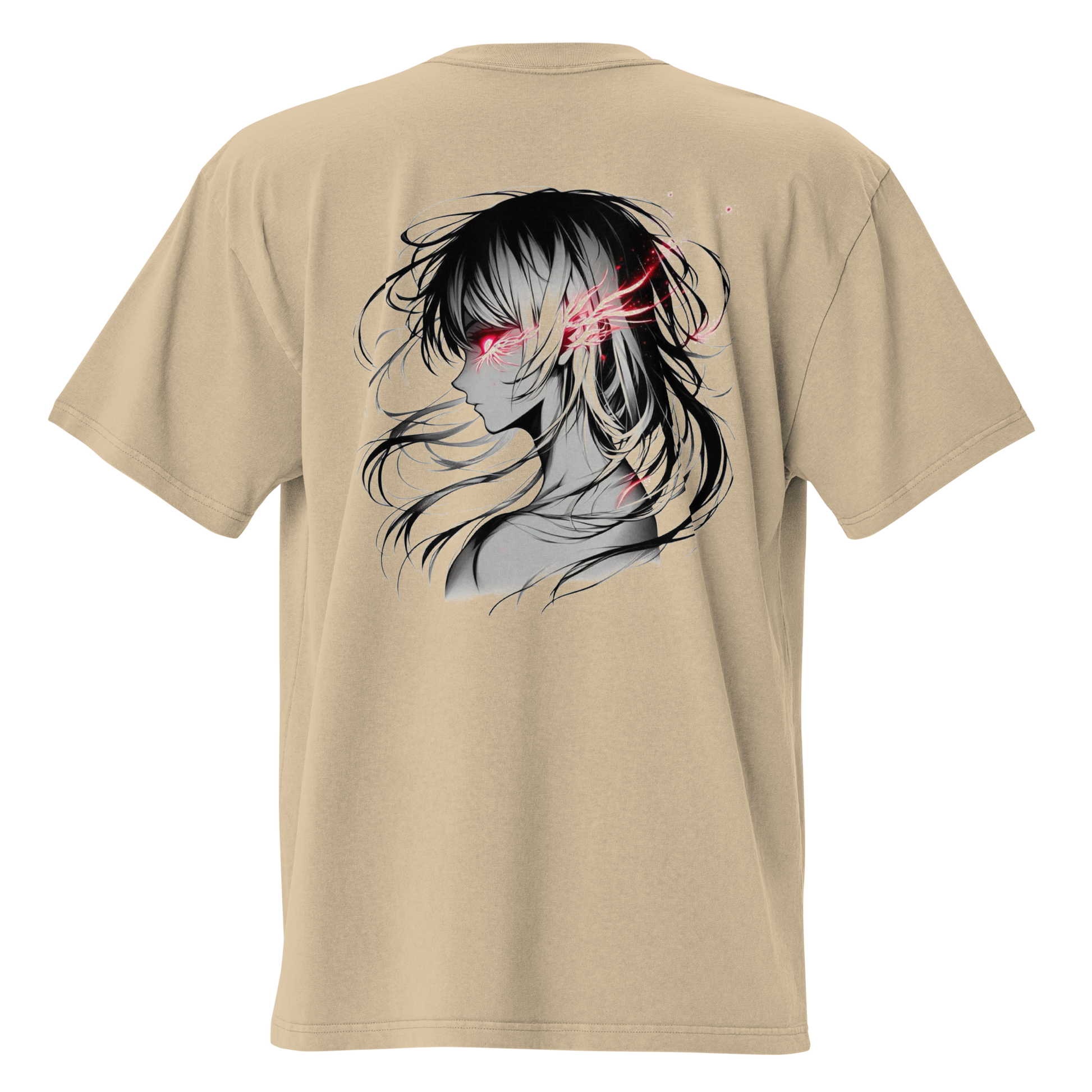 A faded khaki oversized t-shirt with a manga design of a person with glowing red eyes and black hair – back view, Teezox brand.