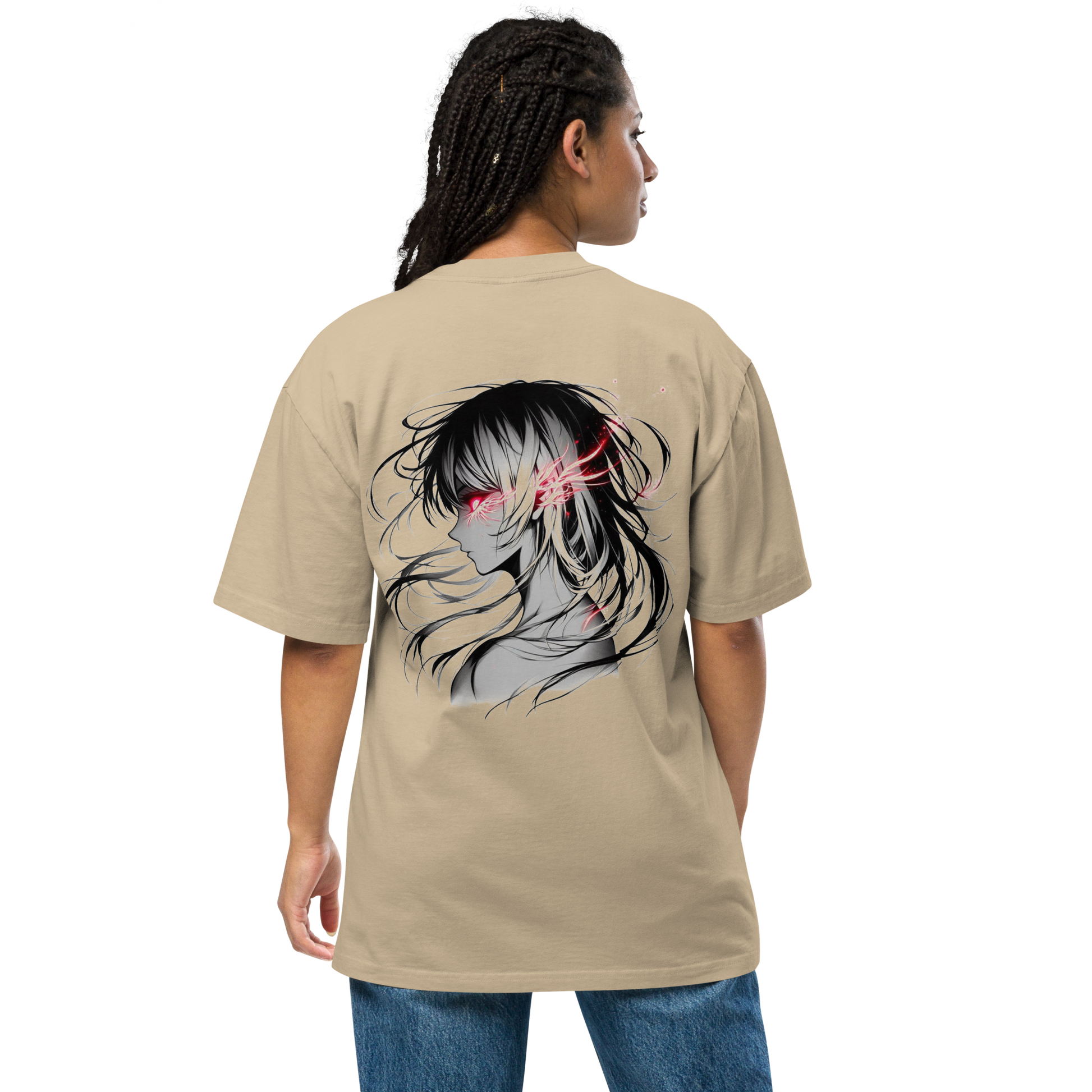 Mockup of a woman wearing a faded khaki oversized t-shirt with a manga design of a person with glowing red eyes and black hair – back view, Teezox brand.