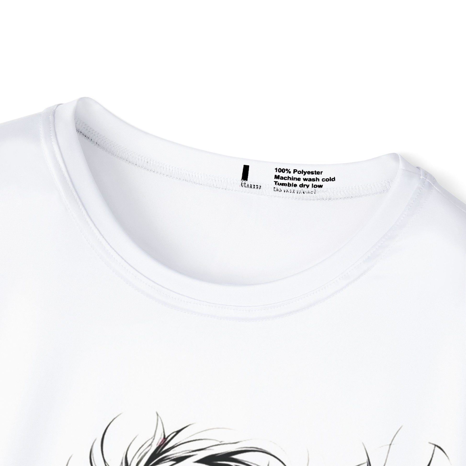 Close-up of a white polyester t-shirt showing the collar, care instructions, and a partial view of a black anime character's hair design.