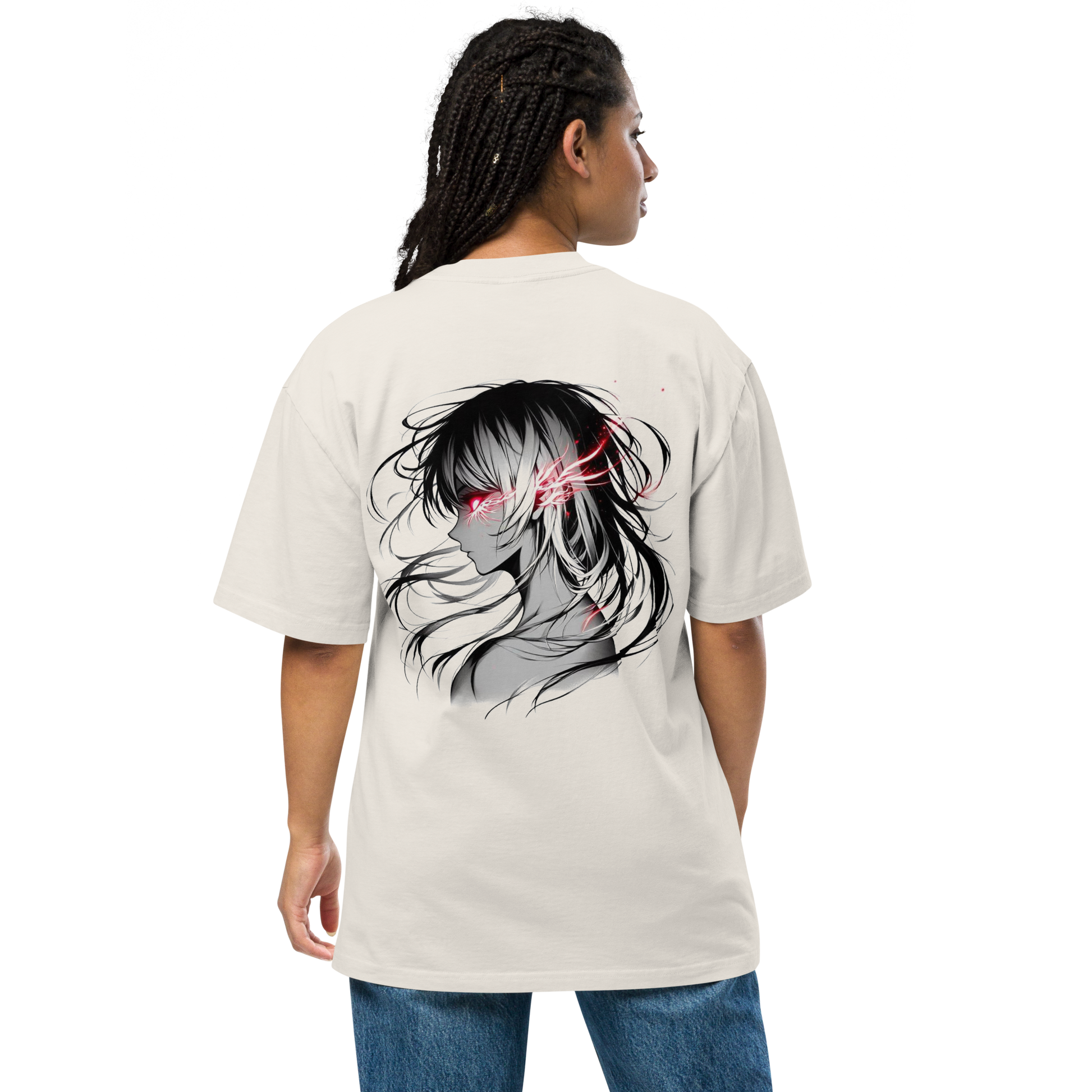 Back view of an oversized faded bone-colored t-shirt with a monochrome anime girl and red eyes design.