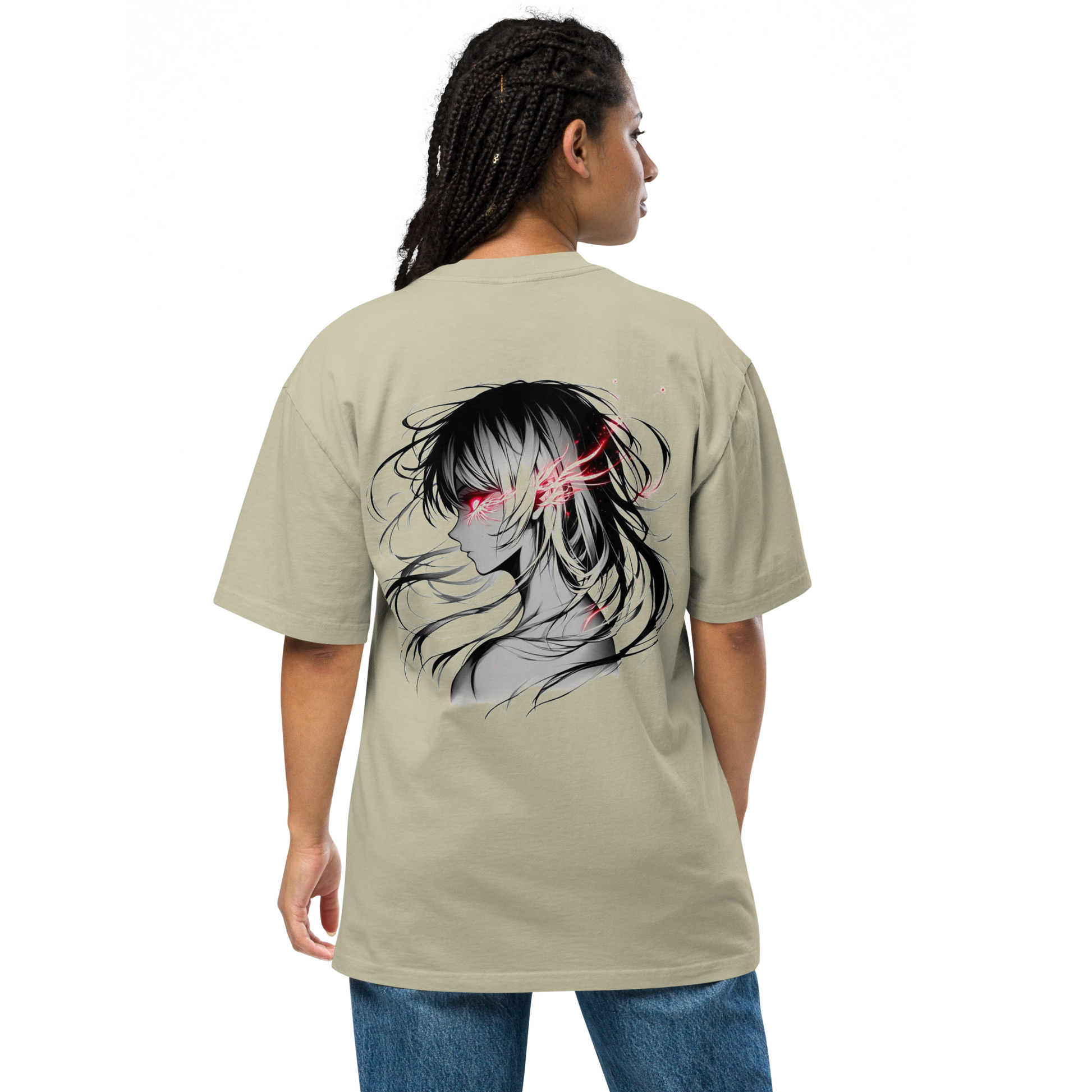 Back view of a person wearing a beige oversized t-shirt with a black and white anime girl and glowing red eyes design.