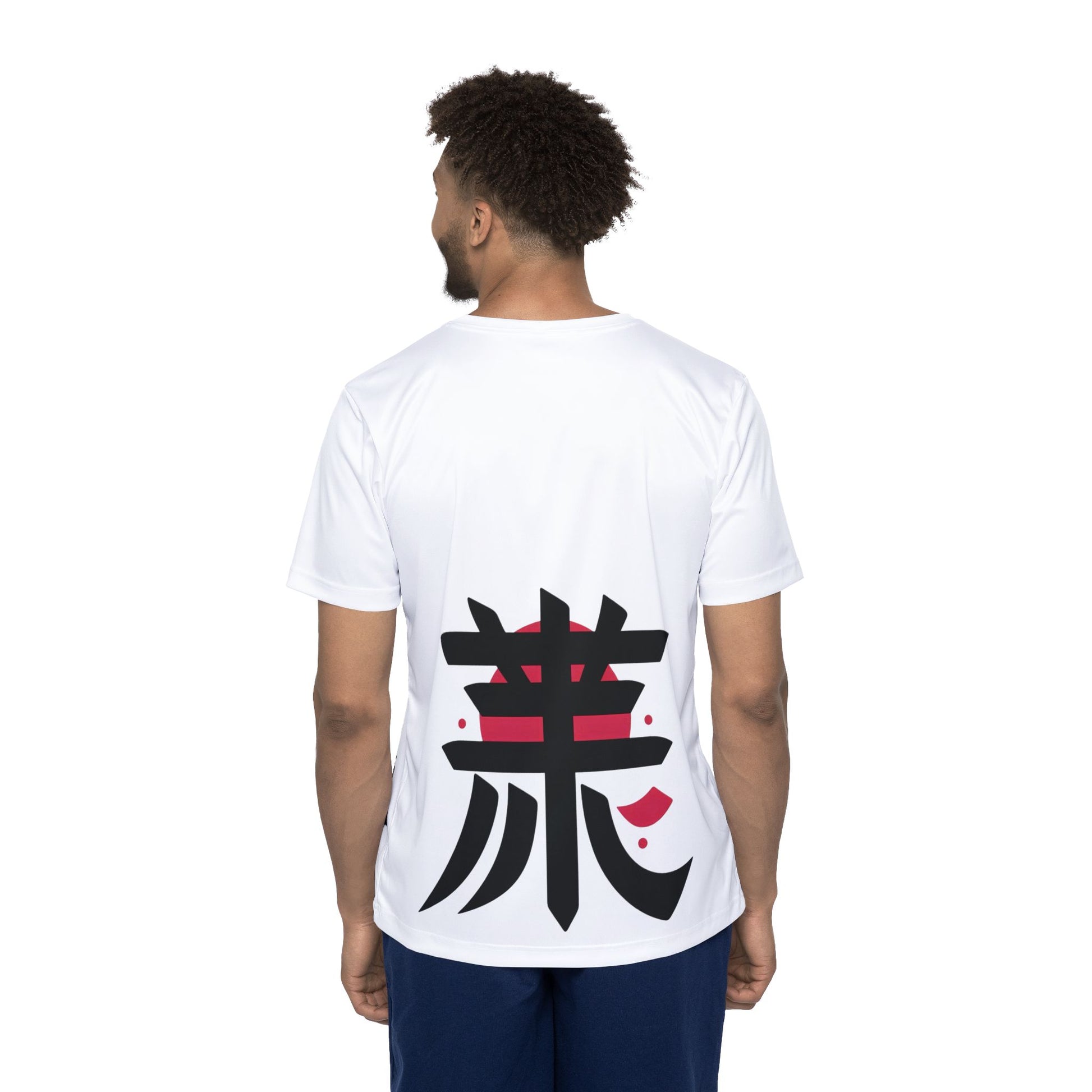 Mockup of a man wearing a white t-shirt with a large black Japanese Kanji character and red sun design on the back – back view, Teezox brand.