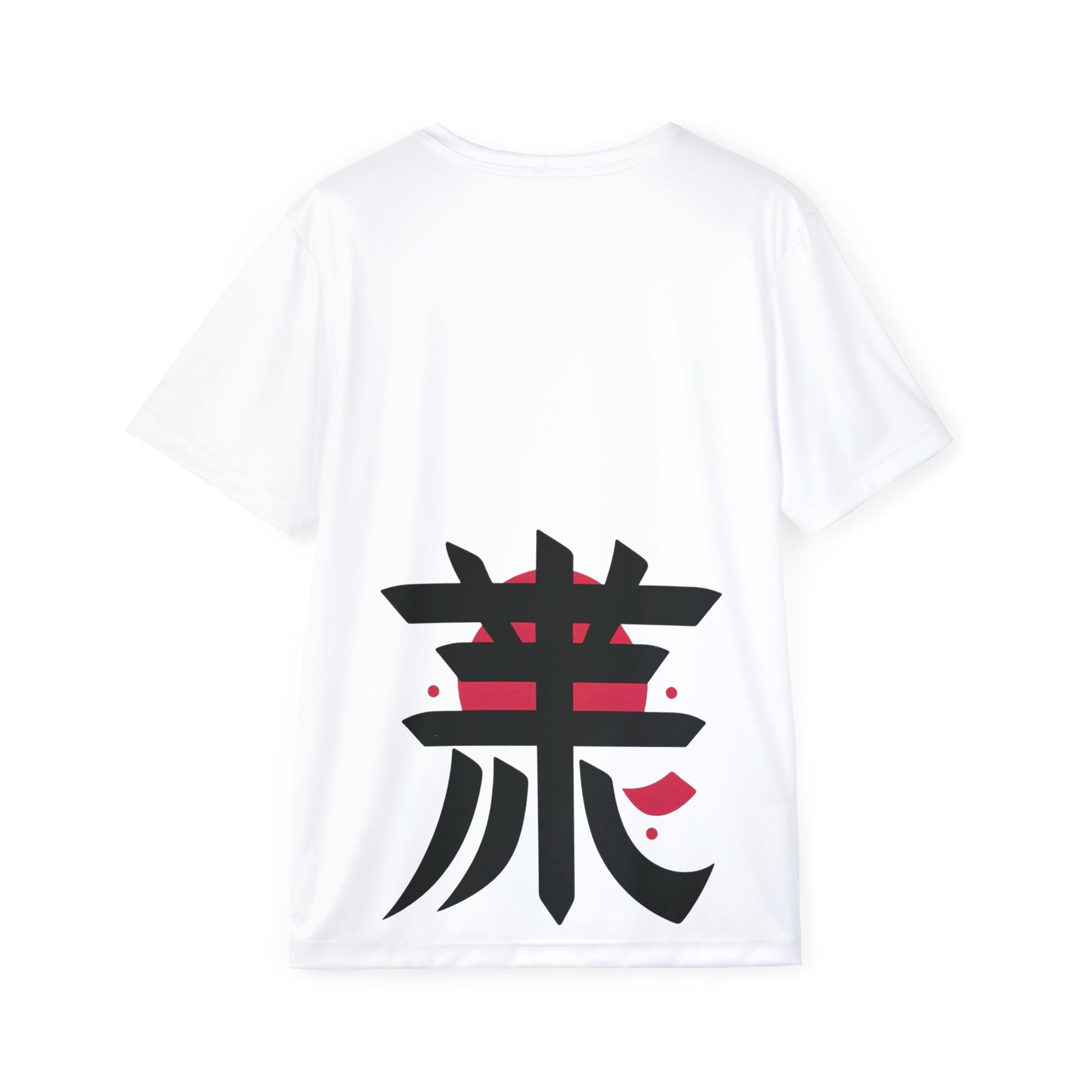 A flat-lay image of a white t-shirt with a large black Japanese Kanji character and red sun design on the back – back view, Teezox brand.