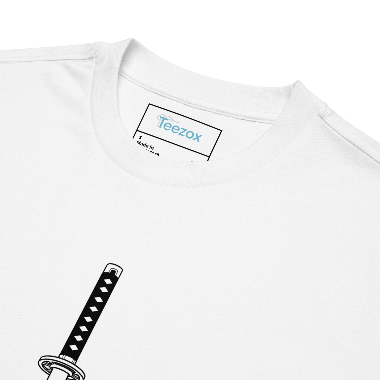 A close-up of a white t-shirt collar with a "Teezox" neck label and a partial view of a black and white katana sword design on the shirt.