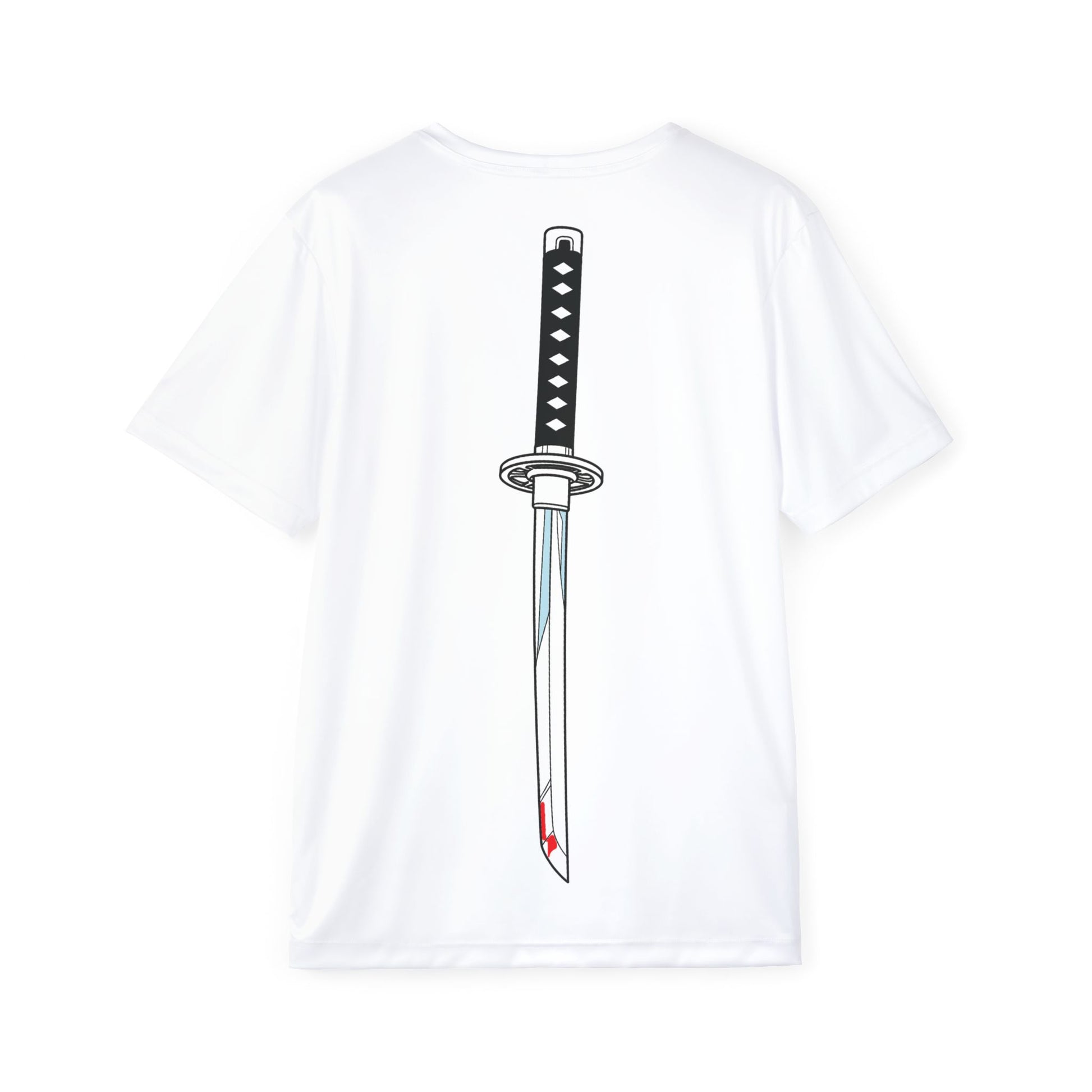 A flat-lay image of a white t-shirt with a centered black and white katana sword design on the back – back view, Teezox brand.