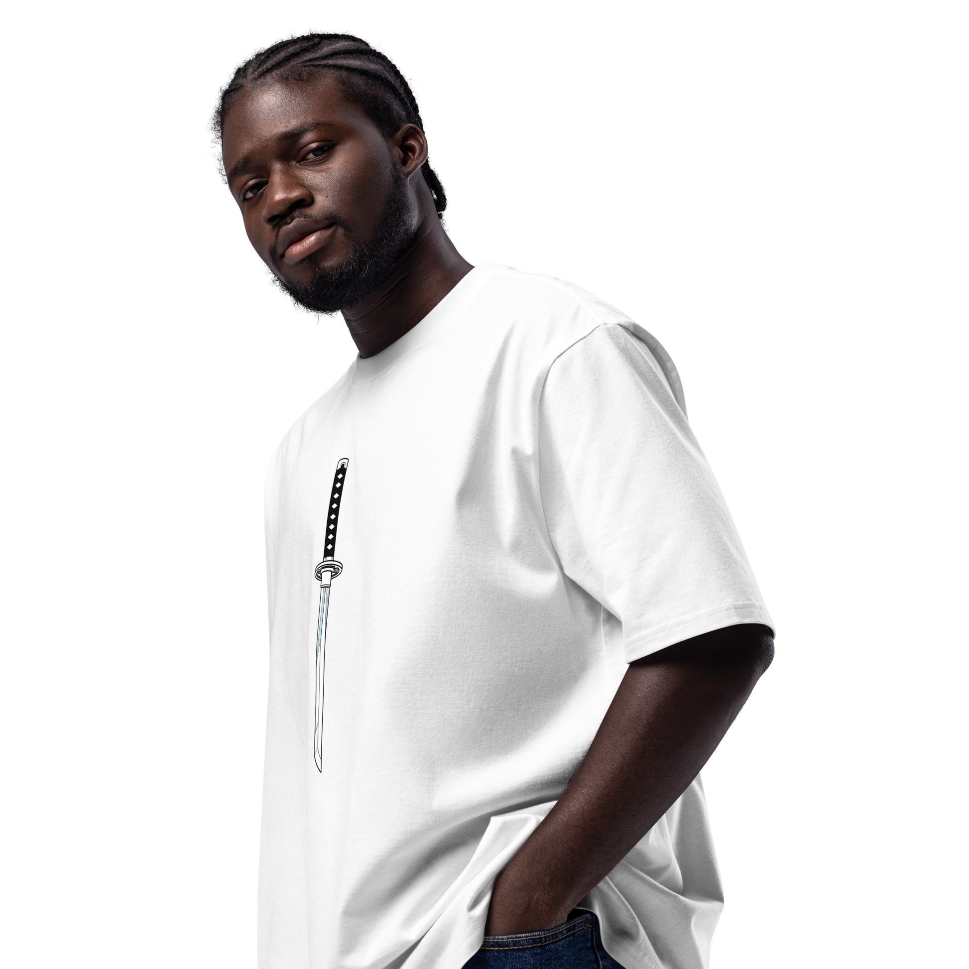 Mockup of a man wearing a white t-shirt with a thin, vertical black and white katana sword design on the left side – front view, Teezox brand.