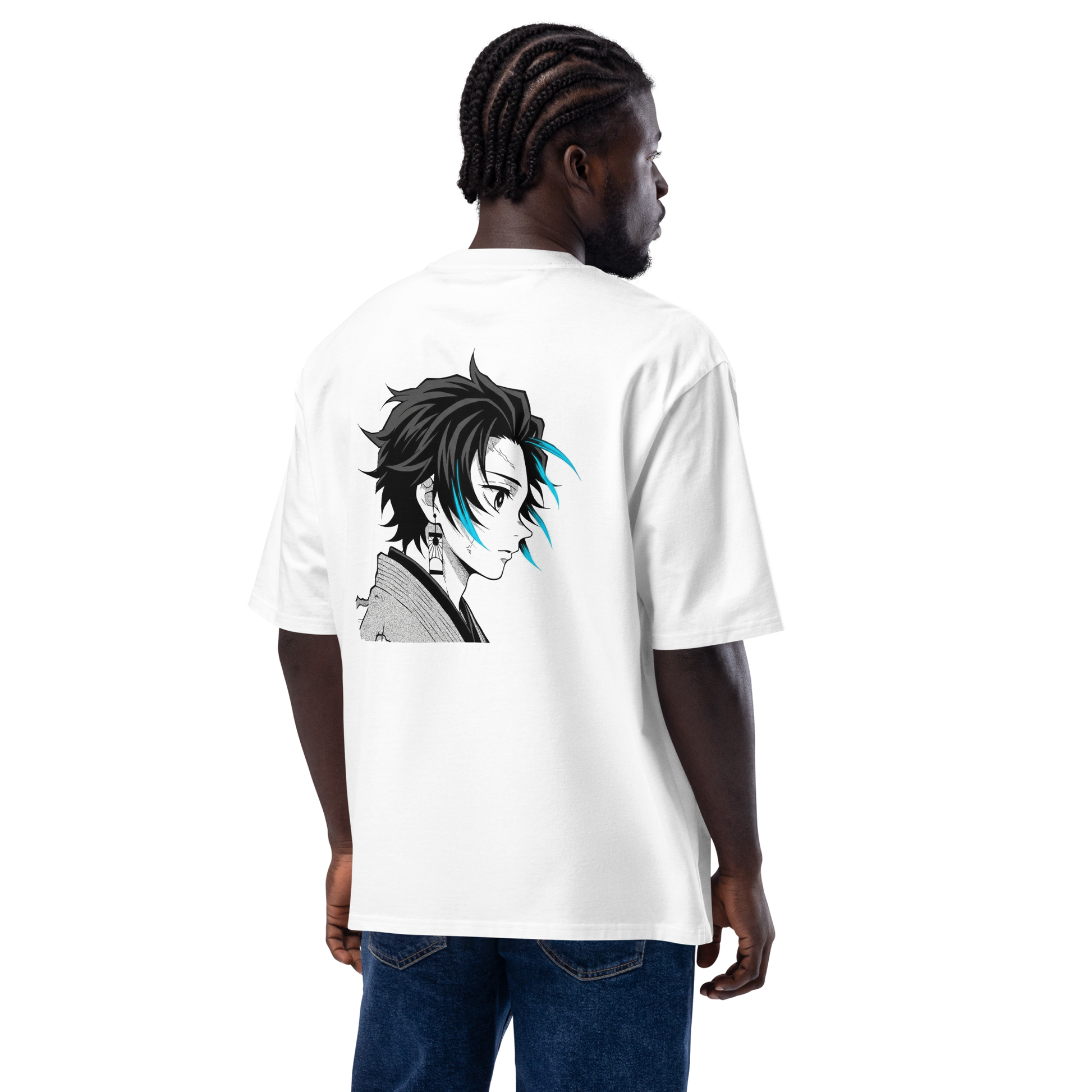 Mockup of a man wearing a white t-shirt with a black and white anime character design and blue hair accents – back view, Teezox brand.