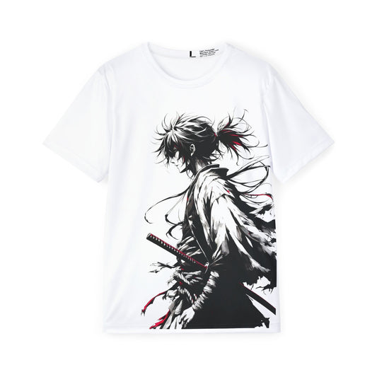 A flat-lay image of a white samurai anime t-shirt with black, white, and red design – front view, Teezox brand.