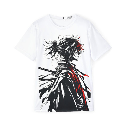 A flat-lay image of a white samurai anime t-shirt with black, white, and red design – front view, Teezox brand.