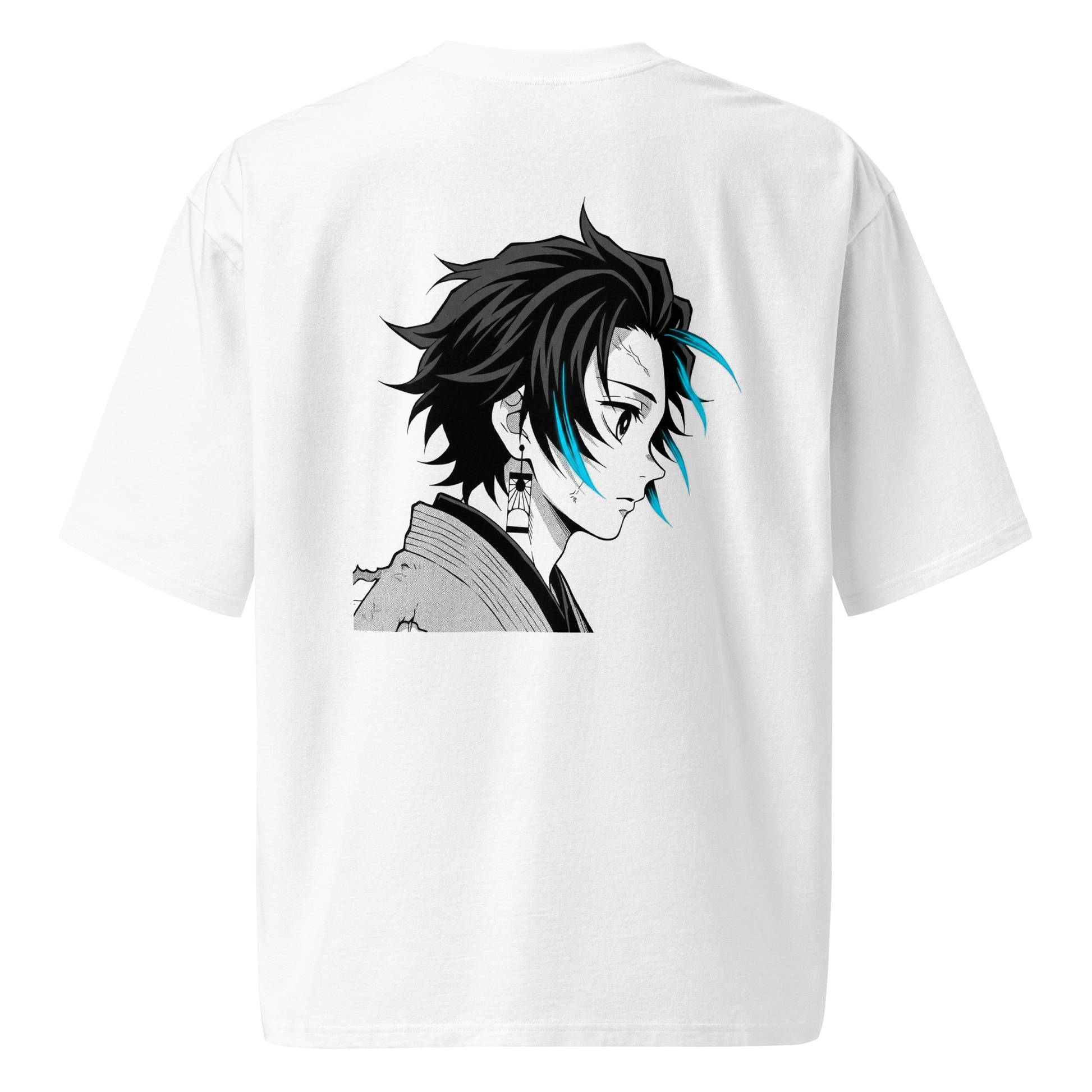 White anime-style t-shirt, black and white manga character with blue accents – back view, Teezox brand.
