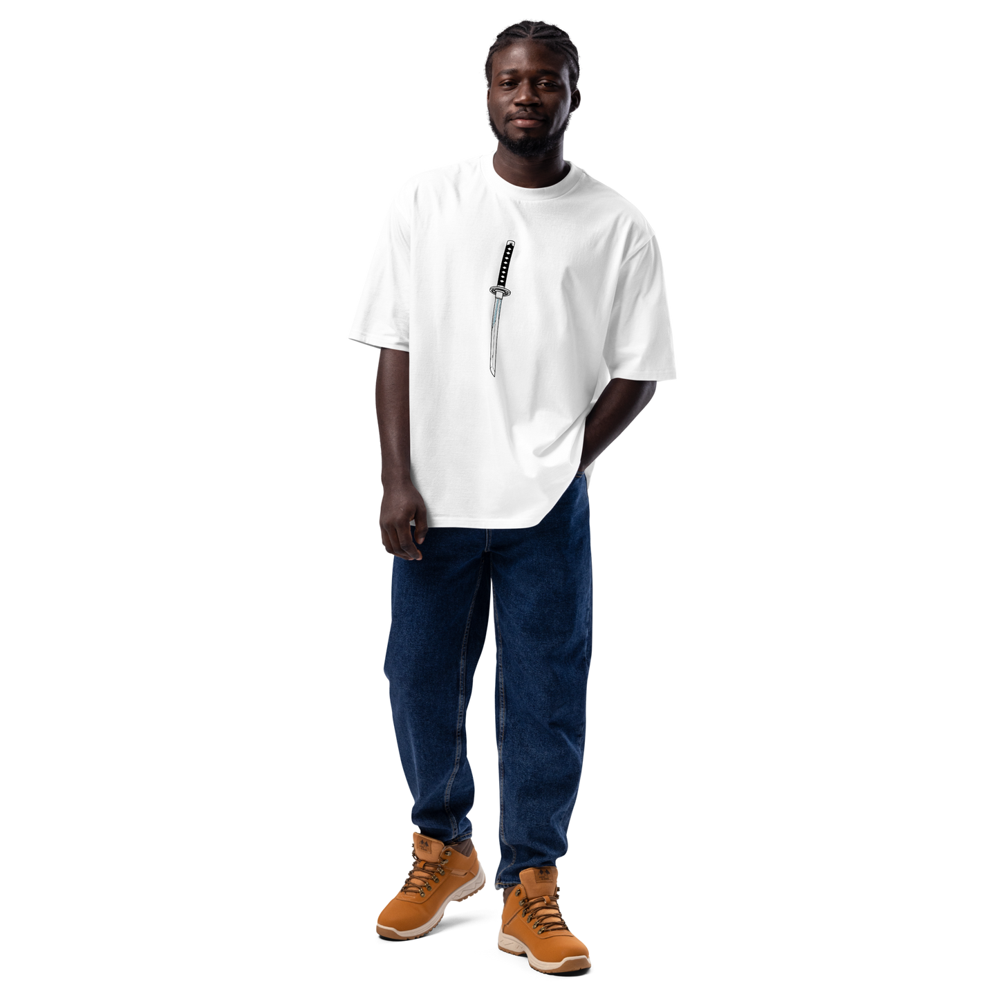 Mockup of a man wearing a white t-shirt with a thin, vertical black and white katana sword design on the front – full front view, Teezox brand.