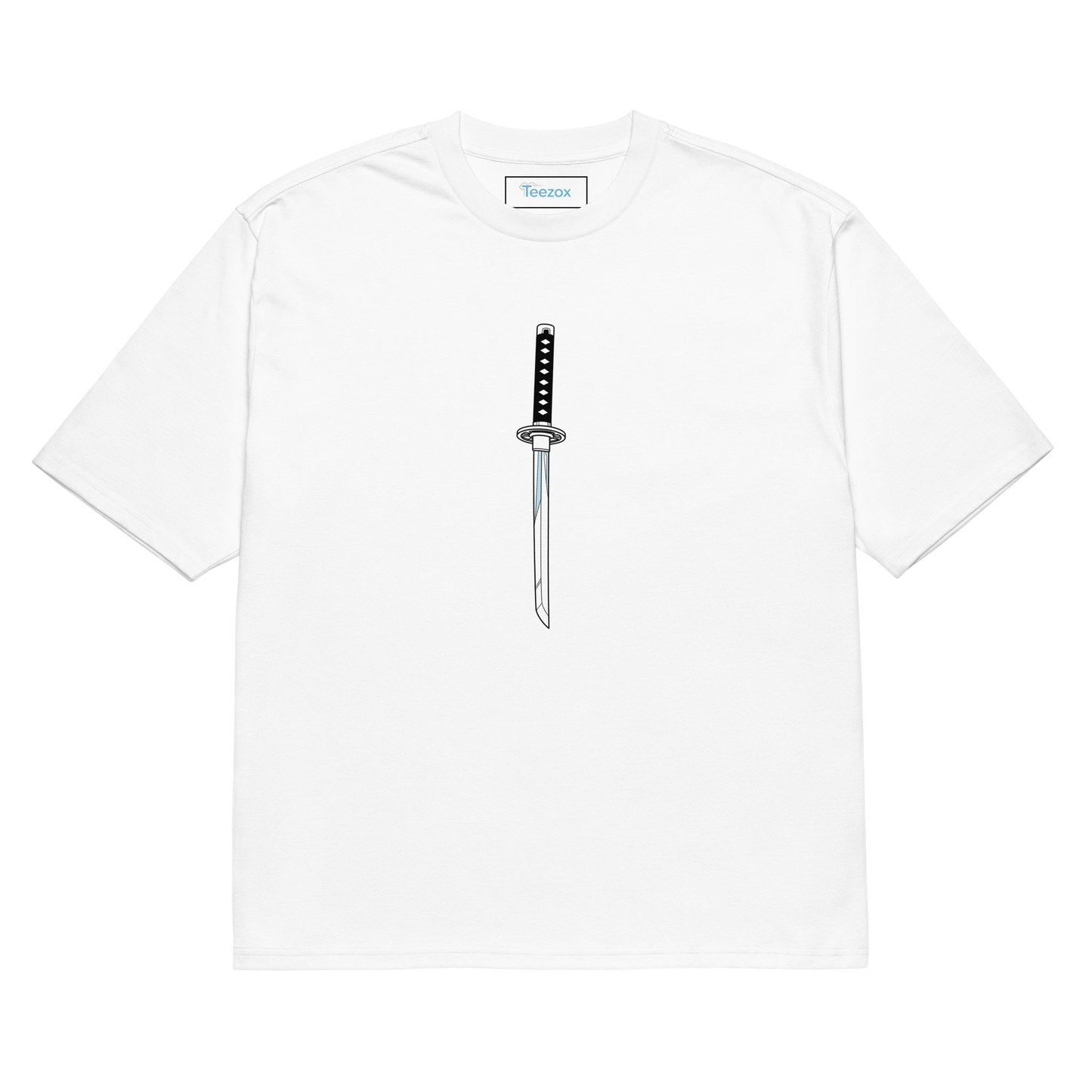 A flat-lay image of a white t-shirt with a centered black and white katana sword design – front view, Teezox brand.