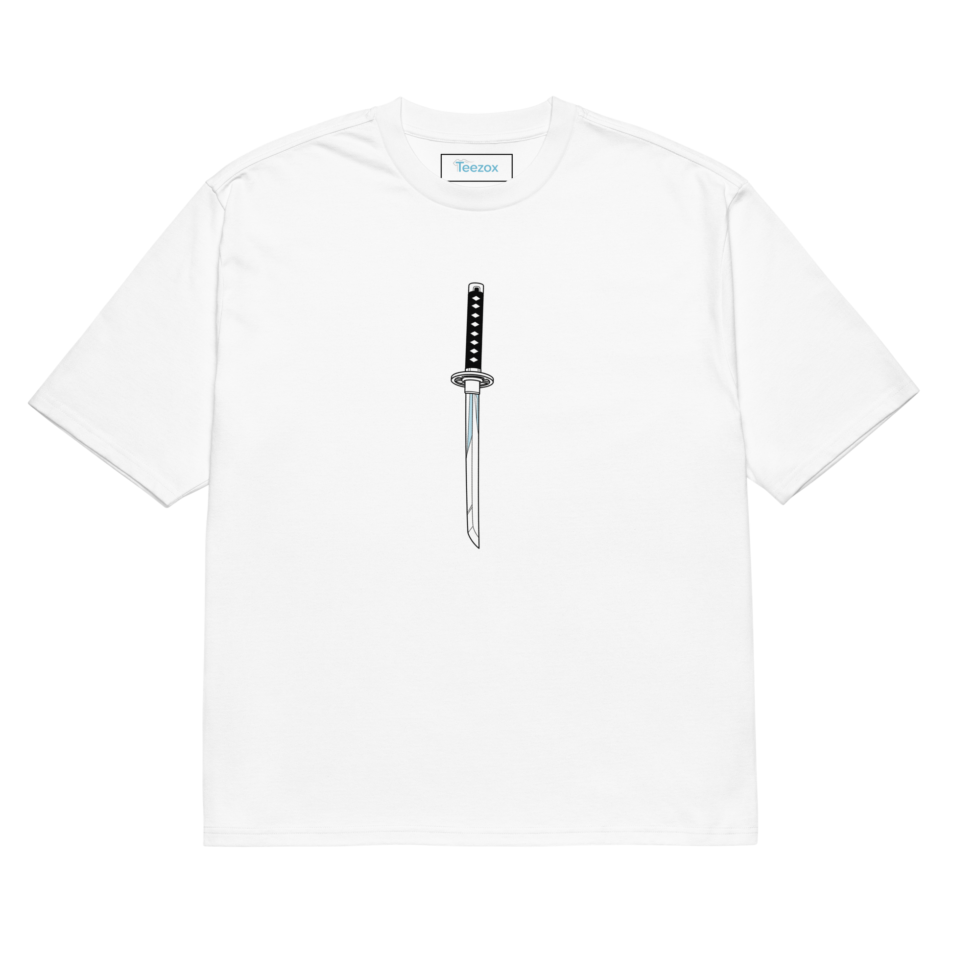 A flat-lay image of a white t-shirt with a centered black and white katana sword design – front view, Teezox brand.