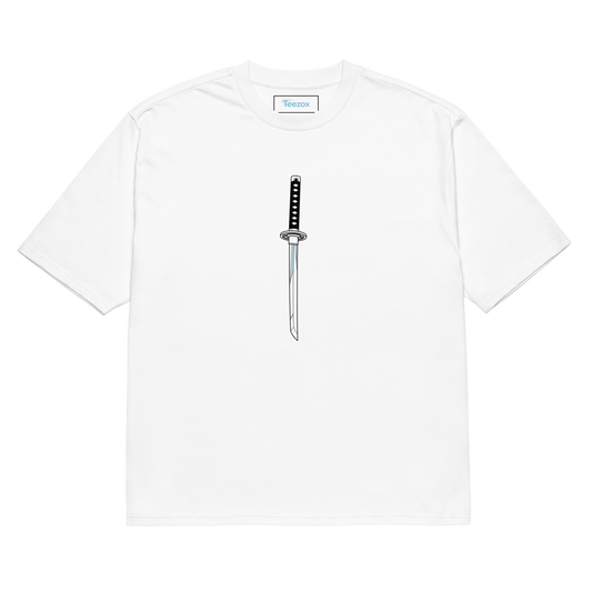 A flat-lay image of a white t-shirt with a centered black and white katana sword design – front view, Teezox brand.
